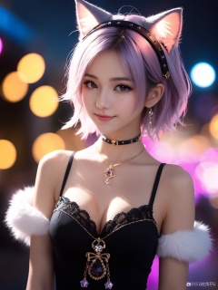 1girl,realistic,upturned eyes,blush,open chest,strap_slip,bare_shoulders,off_shoulder,smile,large breasts,charm,a pretty 19-year-old dark magical-girl plotting mischief,dark magical-girl outfit,cleavage,cat ears,skulls and terror,magical tattoos,vibrant magical particle effects,volumetric lighting,anti-aliasing,color-graded,bokeh,1DOF,nikon D850,ultra realistic detailed,aesthetic,best quality,(photorealistic:1.2),elegant,realistic skin detail,