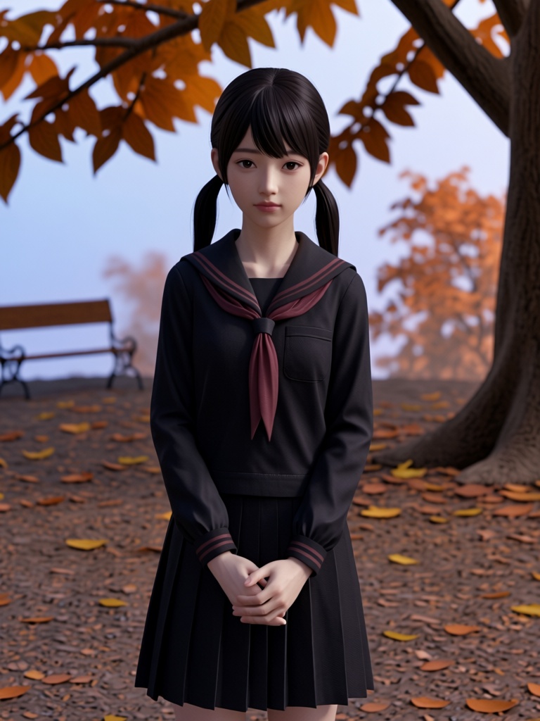 This high-quality 3D anime-style image features a slim schoolgirl standing in a medium shot outdoors. She is facing the vi...