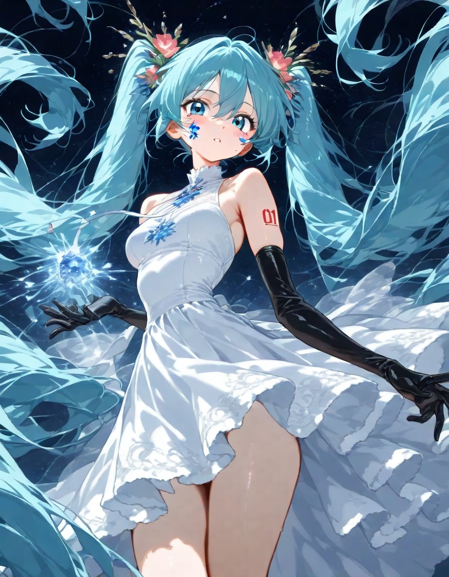 score 9,score 8 up,score 7 up,1girl, solo, long hair, hatsune miku, twintails, very long hair, dress, blue hair, gloves, full body, blue eyes, floating, looking at viewer, hair ornament, sleeveless, black gloves, multicolored hair, facial mark, sleeveless dress, flower, parted lips, absurdly long hair, elbow gloves, white dress, hair between eyes, bare shoulders,abstract background, energy , blue blue theme, universe, cowboy shot,