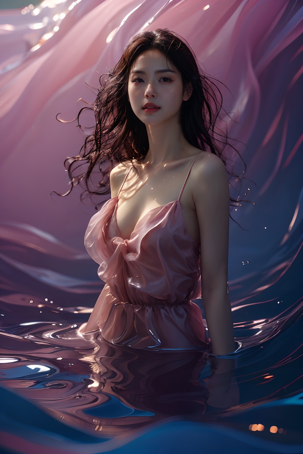 sd mai, piao, 1girl, solo, breasts, realistic, long hair, water, looking at viewer, brown hair, wading, medium breasts, parted lips, lips, collarbone, dress, cleavage<lora:piao:0.8>