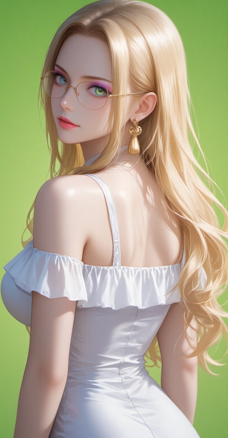 kalifa,lvjing,baoshi,lvjing,blonde hair,blue eyes,long hair,glasses,big breasts,1girl,jewelry,earrings,solo,green eyes,blonde hair,long hair,looking at viewer,glasses,green background,makeup,upper body,bare shoulders,dress,breasts,simple background,round eyewear,parted lips,looking back,mole,off shoulder,mole under eye,eyeshadow,lips,white dress,from behind,eyelashes,lipstick,back,off-shoulder dress,shirt,cover,simple background,gradient_background,Close-up details,outstanding style,adding a touch of dimension to your images without compromising details,close-up,absurdres,colorful,