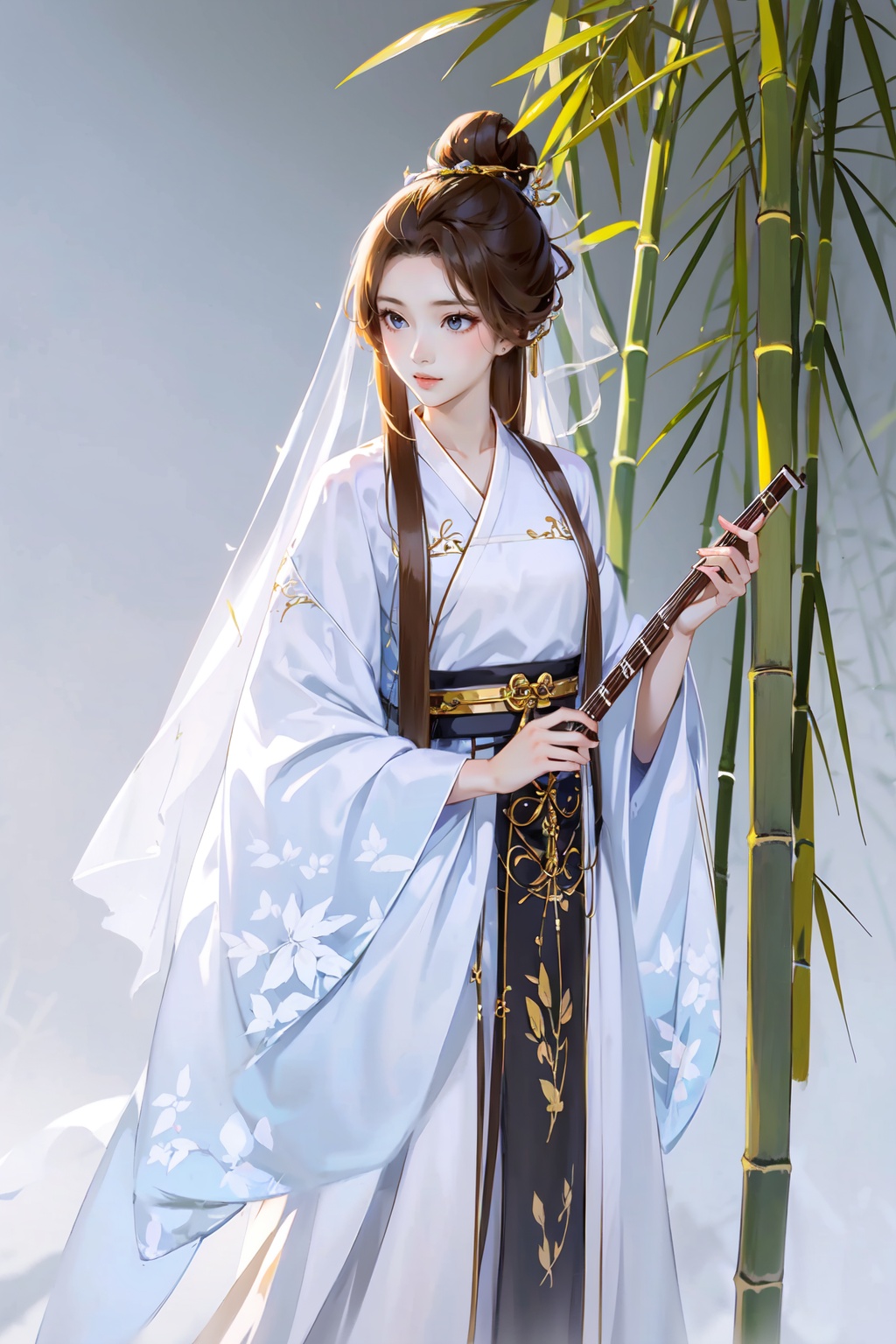 -Hanama wine, 1girl, solo, bamboo, flute, dress, chinese clothes, long hair, hanfu, holding, black hair, instrument, long sleeves, hair bun, white dress, hair ornament, veil, brown hair, single hair bun,anime,<lora:Hanama wine V2-000018:0.8>,