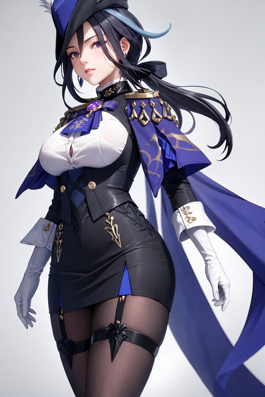masterpiece, best quality, <lora:clorinde:1>,clorinde (genshin impact), 1girl, solo,hat,hat feathers,garrison cap, long hair,ponytail,black hair, purple eyes, earrings,jewelry,brooch,  blue ascot,breasts,large breasts,long sleeves,shirt,white gloves,black skirt,black pantyhose, thigh strap,grey background, cowboy shot, 