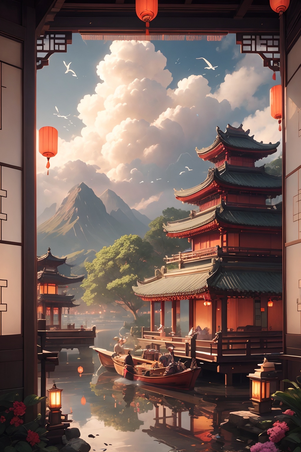 scenery, lantern, cloud, architecture,  east asian architecture, outdoors, sky, watercraft, bird, boat, facing away, water, day, pagoda, sitting, building,mountain, cloudy sky, <lora:house:0.7>