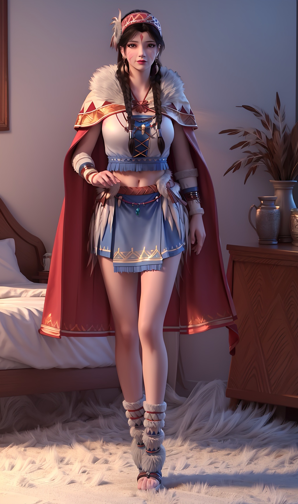 3D,masterpiece,(best quality),(makeup),official art, extremely detailed cg 8k wallpaper,((crystalstexture skin)), (extremely delicate and beautiful),(highly detailed),(face),(twin_braids),(headdress),(feather_hair_ornament),(headband),(facial_mark),(feather_trim),(1girl), (solo), (jewelry), (earrings),(black_hair),(long_hair),(hair_ornament),(handwear),(breasts),(standing),((full_body,whole_body)),(long_legs),(closed_mouth),(skirt),(chinese_clothes),(dress),,(multicolored_clothes),(multicolored_dress),(shiny_clothes),(city,indoor,bed),(wristband),(navel),(fur),(ribbon),(fur-trimmed_cape),(cloak),,((looking_at_viewer)),((Facing the camera)),(shoes), (blue_footwear),(gold_footwear),(sandals), (anklet),(boots), (toeless_legwear),(toeless_footwear), , <lora:hipoly3DModelLora_v10:0.3>