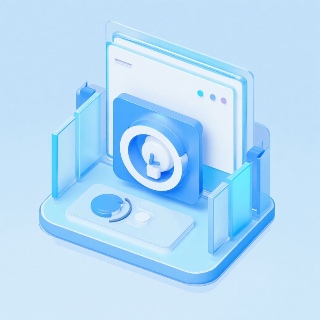 3d Transparent glass a blue icon with a white button and a blue circle Rendering,
