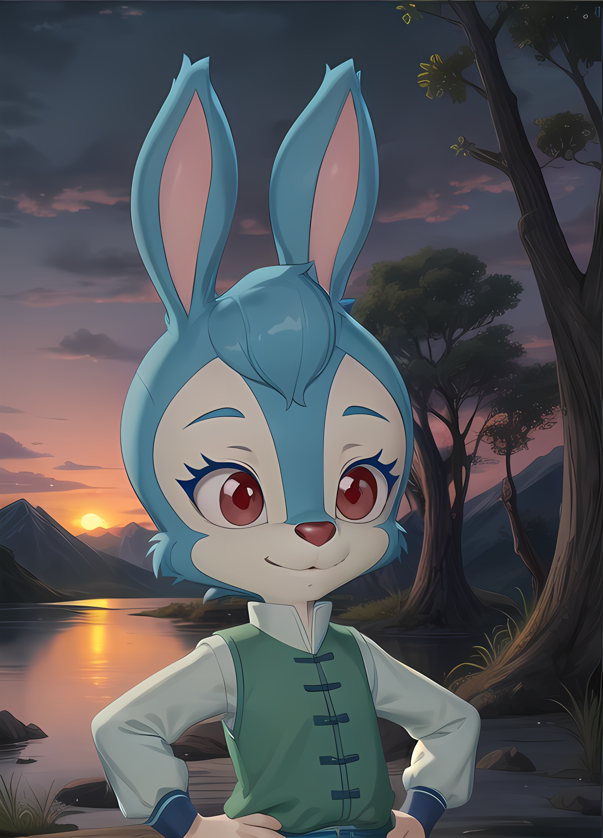yuanshen,solo,furry,animal ears,tree,smile,mountain,outdoors,sky,rabbit ears,rabbit girl,1girl,vest,looking at viewer,red eyes,cloud,animal nose,upper body,sunset,long sleeves,hand on hip,furry female,closed mouth,shirt,body fur,gradient sky,<lora:add_detail:0.5>,<lora:epiNoiseoffset_v2:0.5>,<lora:EnvyBetterHands LoCon_beta2:1>,perfect hands,<lora:蓝兔1:0.8>,