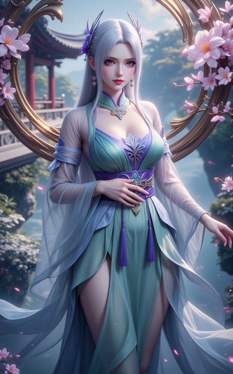 xiaoyixian,lvjing,white hair,long hair,purple eyes,jewelry,hair_ornament,1girl,jewelry,earrings,solo,east asian architecture,architecture,outdoors,sash,flower,long sleeves,plant,breasts,see-through,holding,tree,wide sleeves,parted bangs,hanfu,green hanfu,cover,simple background,gradient_background,Close-up details,outstanding style,adding a touch of dimension to your images without compromising details,close-up,