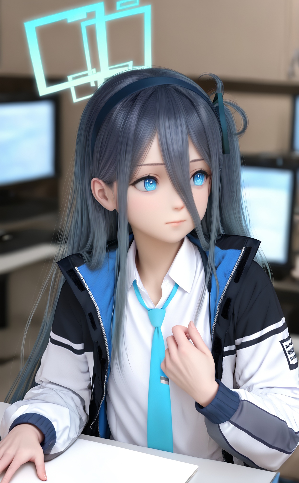masterpiece,highres,newest,best quality,high quality,loli,petite,chromatic_aberration,//,loli,1girl,aris (blue archive),blue eyes,solo,long hair,necktie,jacket,hair between eyes,shirt,blue necktie,black hair,white shirt,collared shirt,halo,upper body,long sleeves,open clothes,blurry,very long hair,long bangs,open jacket,one side up,blue hair,dark blue hair,blurry background,ringed eyes,hairband,indoors,school uniform,hand up,closed mouth,monitor,//,year_2023,year_2024,//,
