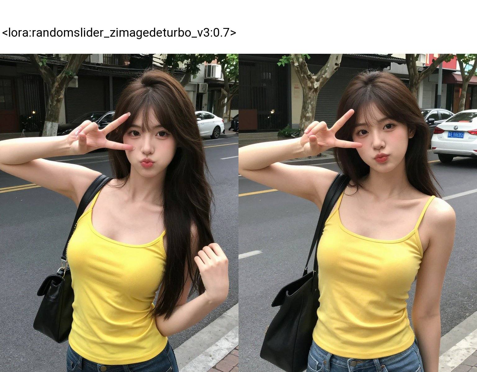 random natural postures and v_sign gestures,  1girl,  street on Tensor.Art