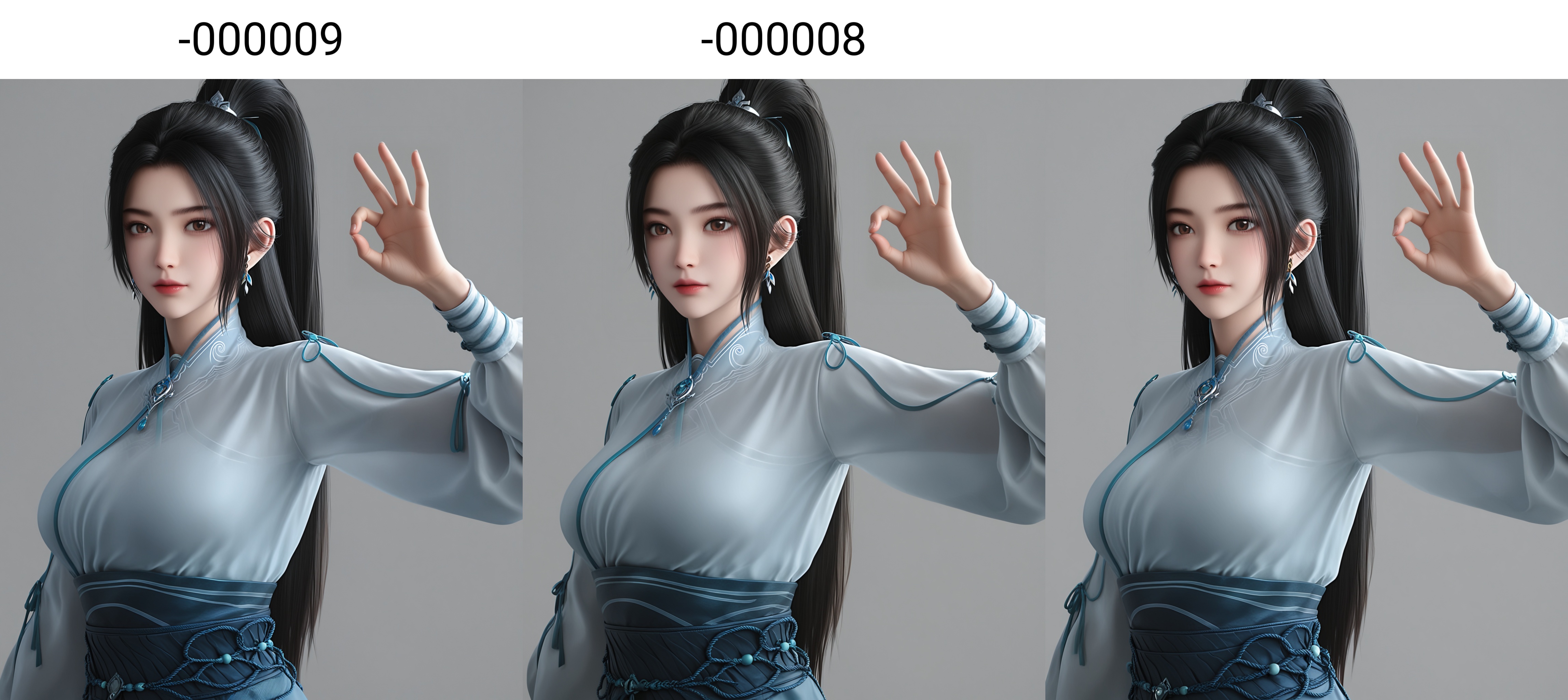 (score_9),masterpiece,best quality,absurdres,highres,BREAKwhite_skin,(fair_skin:1.1),<lora:宁姚-ill-000009:0.85>,ningyao,1girl,solo,long hair,black hair,ponytail,jewelry,earrings,brown eyes,light blush,chinese clothes,sash,collarbone,(large breasts),puffy chest,looking at viewer,happy_birthday,happy_new_year,front view,(upper body),(ok_sign:1.1),BREAKsimple background,Tyndall effect,Cinematic Lighting,Volumetric Lighting,