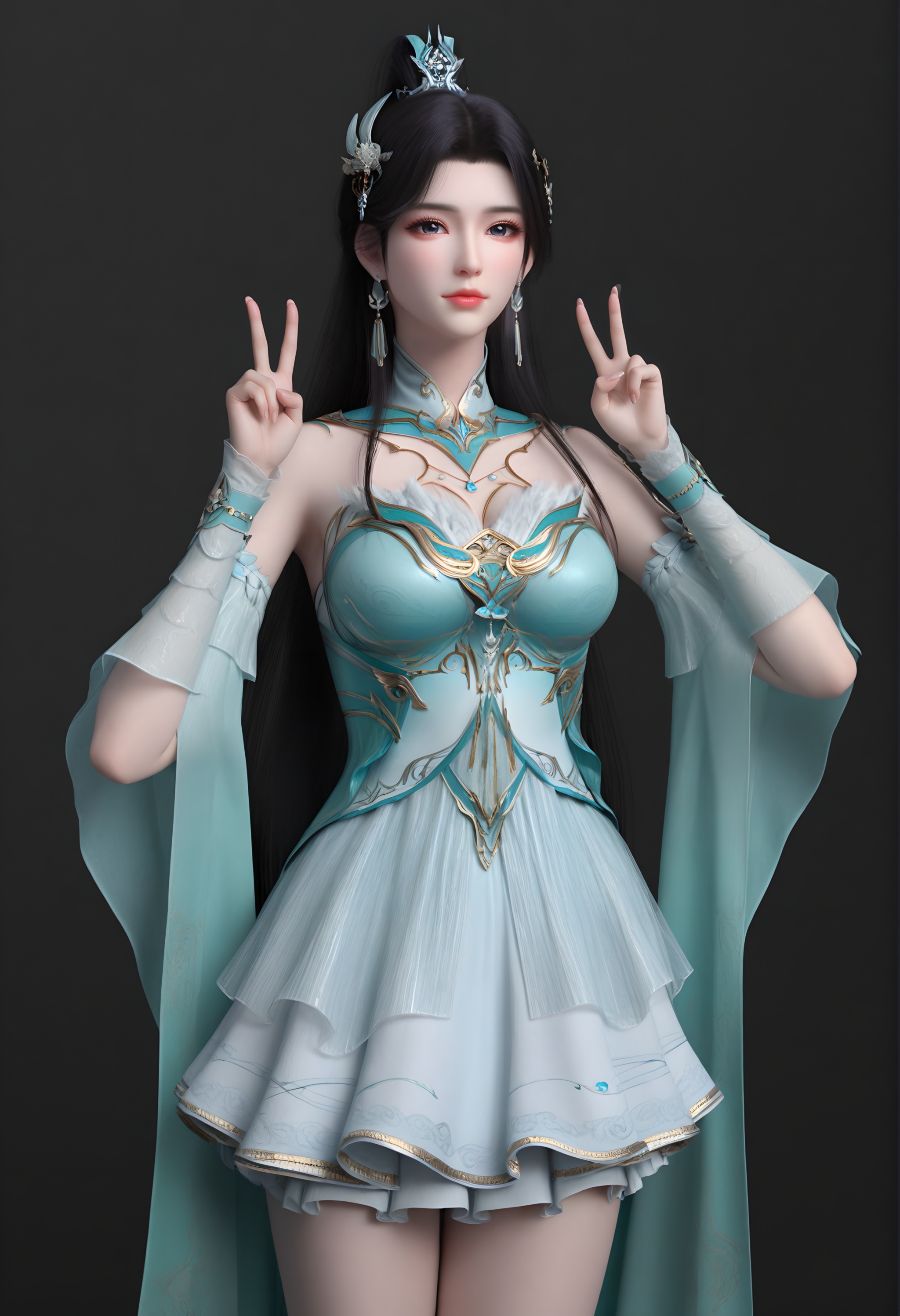 (score_9),<lora:古熏儿2-apony:0.83>,guxuner,1girl,solo,long hair,hair ornament,earrings,ponytail,hair tie,black hair,jewelry,single hair bun,gold accessory,detached collar,jewelry,dress,detached sleeves,wrist cuffs,cape,bare legs,mature_female,collarbone,large breasts,cleavage,BREAK<lora:Expressive_H-000001:0.8>,light blush,Expressiveh,looking at viewer,front view,standing,(double v),dutch angle,dynamic_angle,<lora:e肤色滑块:0.25>,fair_skin,(pale skin),ultra-detailed skin texture,detailed textures,<lora:皮肤凹痕:1.2>,BREAKsimple background,black background,<lora:e色温:0.25>,4K ultra HD,sharp focus,high detail,high contrast,