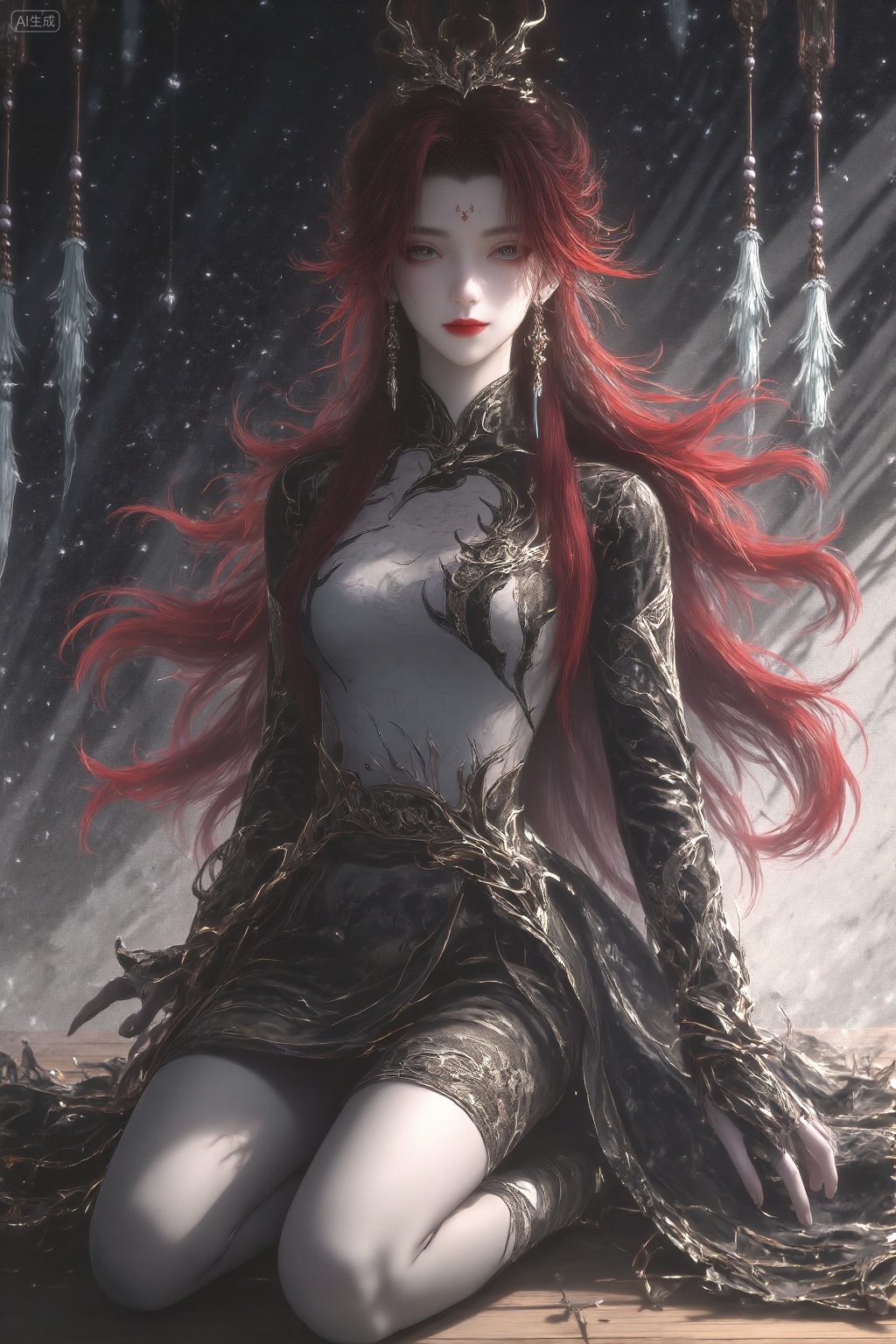 A highly detailed digital painting of a beautiful,fair-skinned woman with long,flowing red hair,adorned with a golden crown. She wears an intricate,black and white,high-collared dress with dragon motifs.Her plump thighs were exposed,revealing a perfect and sexy curve. The hem of her silver-gray dress was naturally relaxed,concealing her tender bare feet,, The character is kneeling on one knee,with one hand resting on the knee and the other placed on the ground. The overall aesthetic is elegant and otherworldly,suggesting a character of significant importance or a role in a fantastical narrative.The background is a dreamy starry sky where black and silver interweave,with clusters of cold silver ghostly flames as accents,which at the same time set off the sinister and seductive feeling of the female lead. She smiles gently,not exaggeratedly but captivating,, best quality,astonishing quality,ultimate aesthetics,absurd,best quality,ultimate aesthetics,masterpiece,emotional masterpiece,extraordinary above all,mastery of details,, Negative prompt: ng_deepnegative_v1_75t,(badhandv4:1.2),EasyNegative,(worst quality:2),,nsfw, Steps: 30, Sampler: DPM++ 2M, CFG scale: 3.5, Seed: 4096989392, Size: 1024x1536, Model hash: 062dad72b2, Model: 麦橘超然majicFlus_v1.safetensors, Denoising strength: 0, RNG: CPU, Lora 1: 20250819-1755611835291-0011, Lora Hash 1: 4a4e21aeb4, Lora Weight 1: 1.05, Lora 2: 《墨染冥照》|古风插画|唯美意境画风系列, Lora Hash 2: 0c05ef6259, Lora Weight 2: 0.7, vae_name: automatic