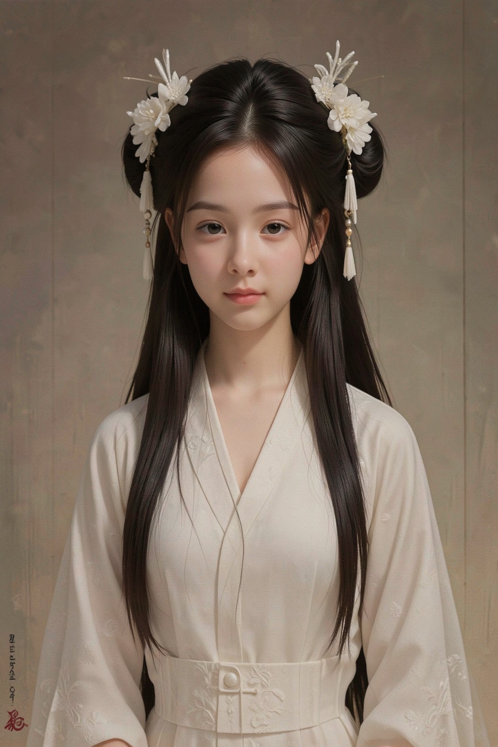 A stunning digital art of a young woman with fair skin,  wearing a white traditional Chinese dress,  with intricate floral...