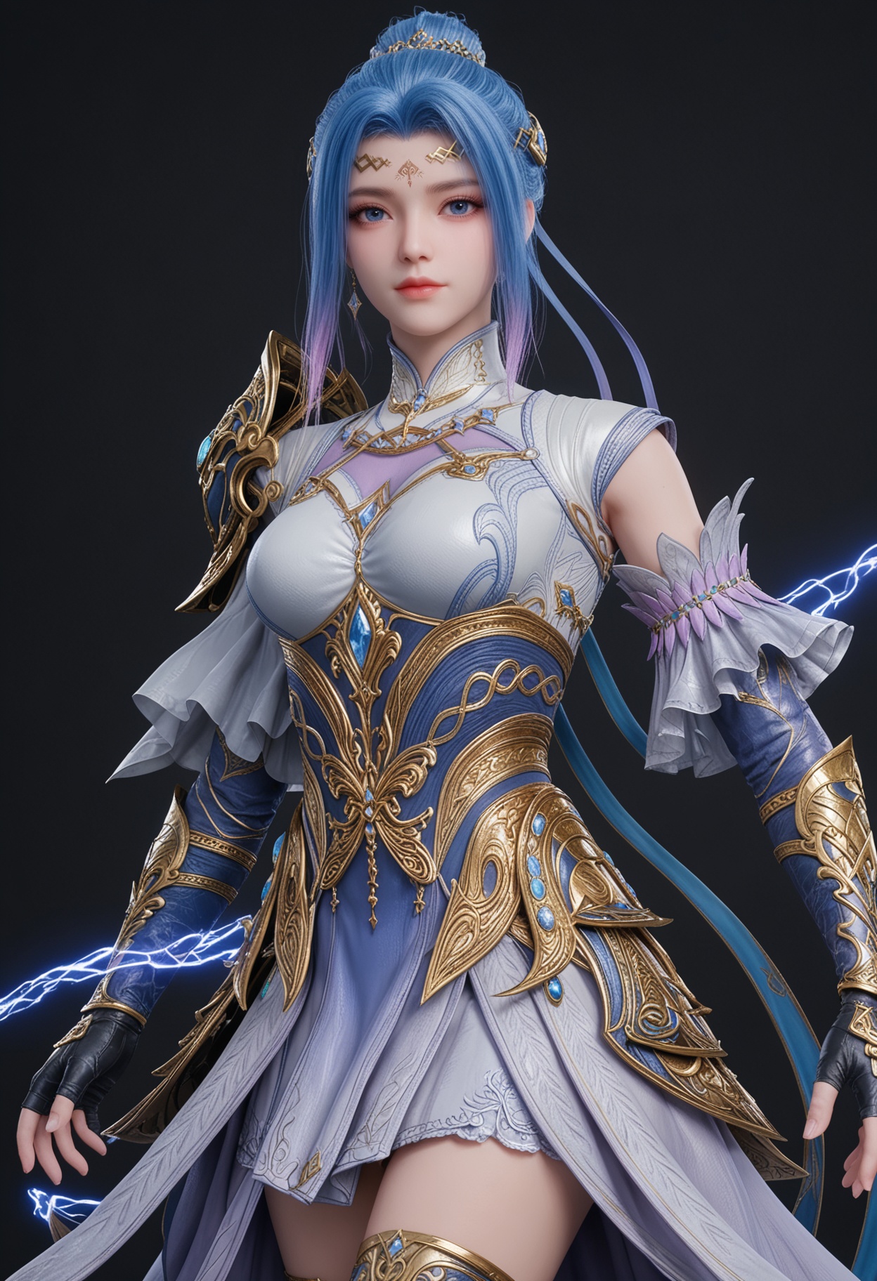 (upper_body:1.2),score_9,score_8_up,masterpiece,(best quality),intricate details,facing viewer,(looking at viewer:1.1),<lora:YQ_pony_tangwutong_fuzhuang4_V4:0.8>,q1528437228,1girl,solo,blue hair,dress,blue eyes,hair bun,hair ornament,armor,gloves,single hair bun,forehead mark,white dress,fingerless gloves,boots,thighhighs,shoulder armor,high heels,short hair,long hair,blue dress,high heel boots,black gloves,detached sleeves,knee boots,multicolored hair,pauldrons,jewelry,skirt,white thighhighs,BREAKscore_9,score_8_up,masterpiece,(best quality),perfect anatomy,(hourglass),perfect face,(simple background,pure black background,black background:1.1),fair_skin,shiny_skin,Ivory_skin,