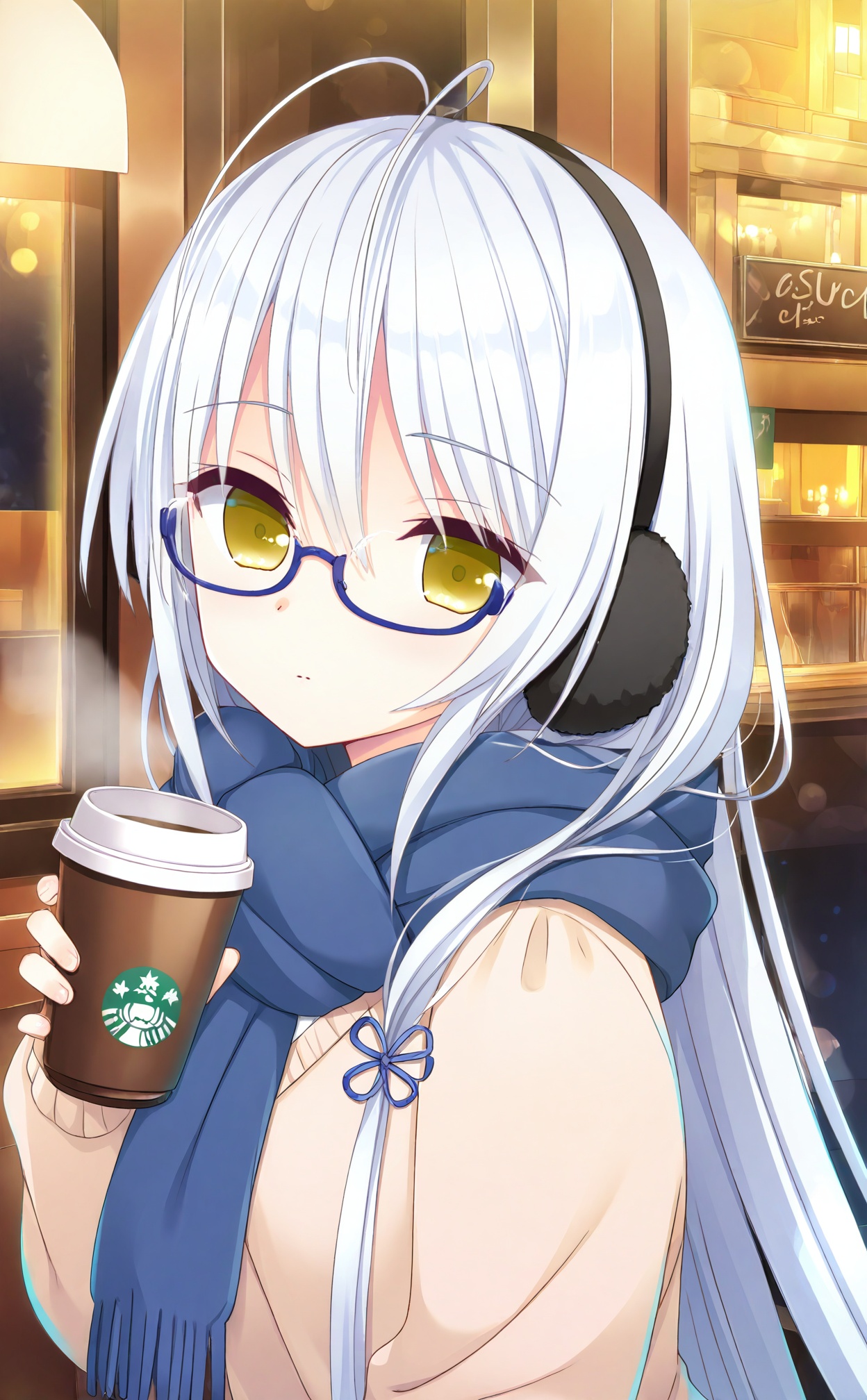 masterpiece,highres,absurdres,newest,best quality,loli,petite,high quality,chromatic_aberration,//,umino_miyako,white_hair,yellow_eyes,long_hair,antenna_hair,hair_between_eyes,glasses,blue-framed_eyewear,semi-rimless_eyewear,under-rim_eyewear,expressionless,closed_mouth,cozy wool sweater,long scarf,earmuffs,snowy street,warm coffee shop in background,evening lights,//,<lora:umino_miyako——【noob】hans:1>,
