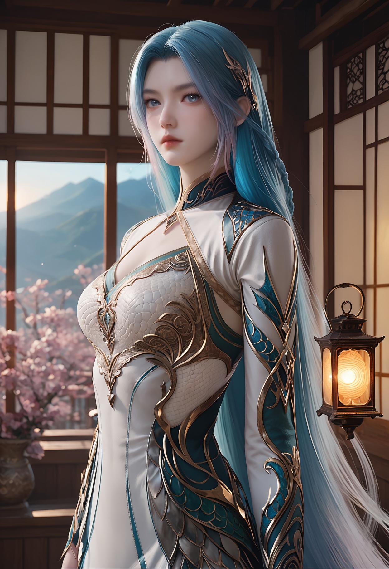 photorealistic,hyperrealistic,Wang_qiuer,1girl,solo,blue hair,multicolored hair,blue eyes,gradient hair,looking at viewer,very long hair,dress,clothing cutout,white dress,cleavage cutout,<lora:Wang_qiuer_pony-000002:0.75>,(pale skin:1.5),<lora:Skin Color slider by topplok2:-1>,score_9,score_8_up,score_7_up,score_6_up,score_9,score_8_up,score_7_up,score_6_up source_anime,looking at viewer,standing,(upper body:1.2),close up,head shot,lantern,open window,looking at viewer,indoors,mountains,blossoms,flowers,east asian architecture,beautiful sunrise,warm ambient temperature,