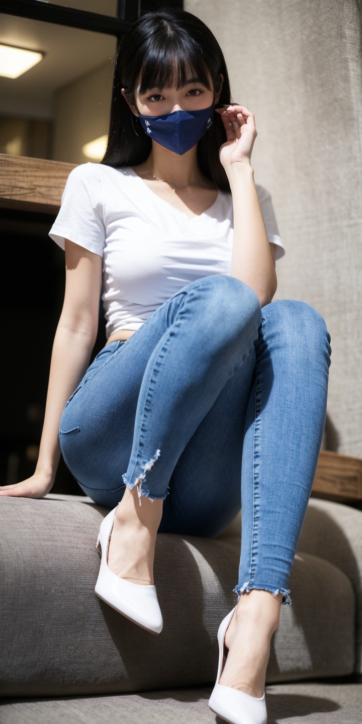 1girl,<lora:jeans:0.6>,jeans,white shirt,white high_heeled shoes,, 1girl,moyou,