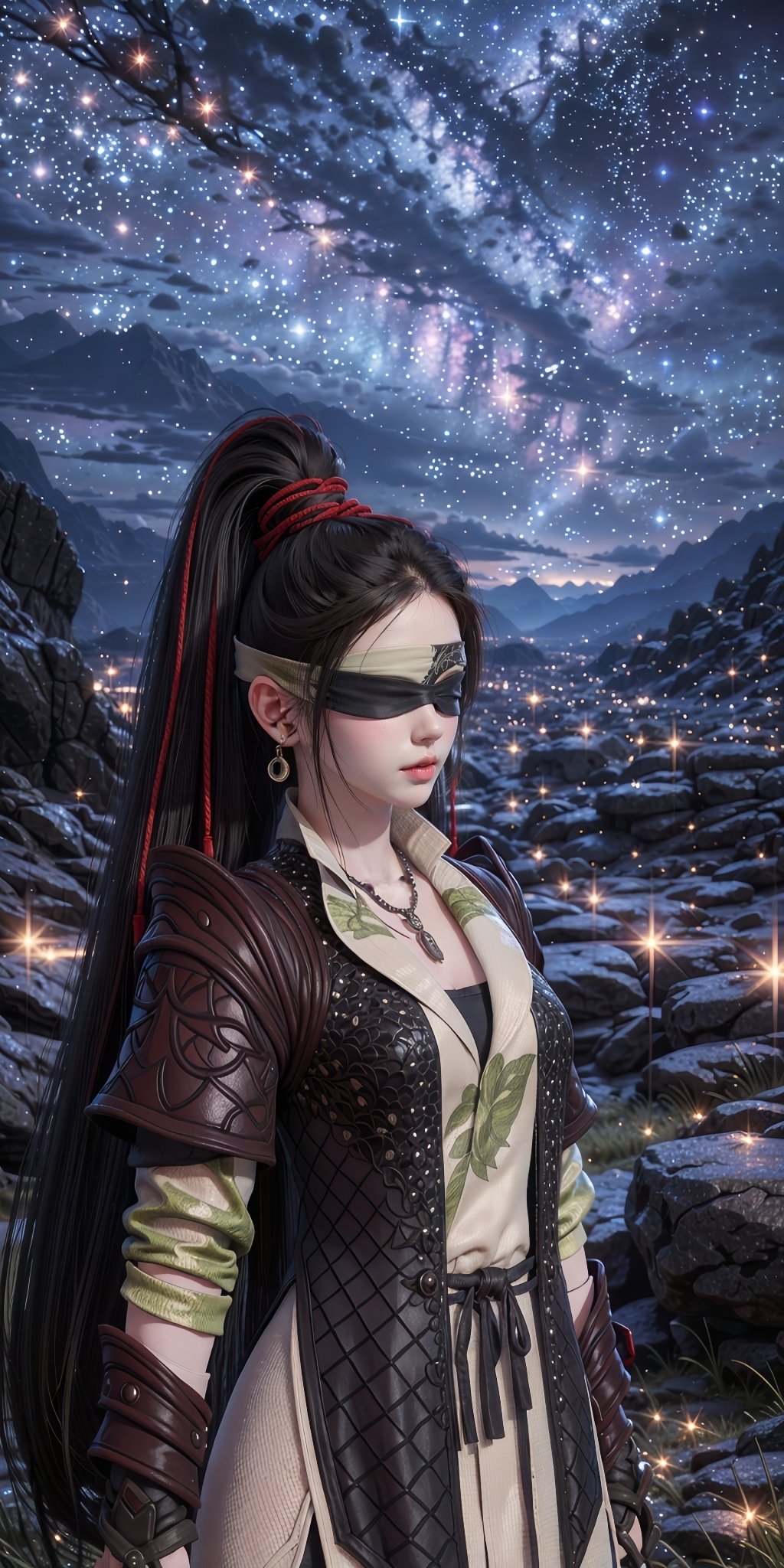<lora:NHY_20240303155425-000008:0.7>,NHY,1girl,solo,long hair,(blindfold:1.3),covered eyes,high ponytail,black hair,fishnets,(upper body:1.3),armor,hair ribbon,rope,headband,ribbon,scenery,star \(sky\),sky,starry sky,outdoors,night,tree,night sky,mountain,rock,milky way,cliff,cloud,shoulder armor,multicolored hair,boots,jewelry,necklace,nature,grass,blurry,depth of field,forest,single hair bun,earrings,bandages,pointy ears,black footwear,sparkle,mountainous horizon,landscape,topknot,<lora:梦幻白1:0.2>,<lora:HDR:0.5>,, (raw photo:1.2),((photorealistic:1.4))best quality,masterpiece,illustration,an extremely delicate and beautiful,extremely detailed,CG,unity,8k wallpaper,Amazing,finely detail,masterpiece,best quality,official art,extremely detailed CG unity 8k wallpaper,absurdres,incredibly absurdres,huge filesize,ultra-detailed,highres,extremely detailed,beautiful detailed girl,cinematic lighting,1girl,pale skin,tall female,(perfect body shape),skinny body,Slender legs,, pale skin,tall man,long legs,thin leg,