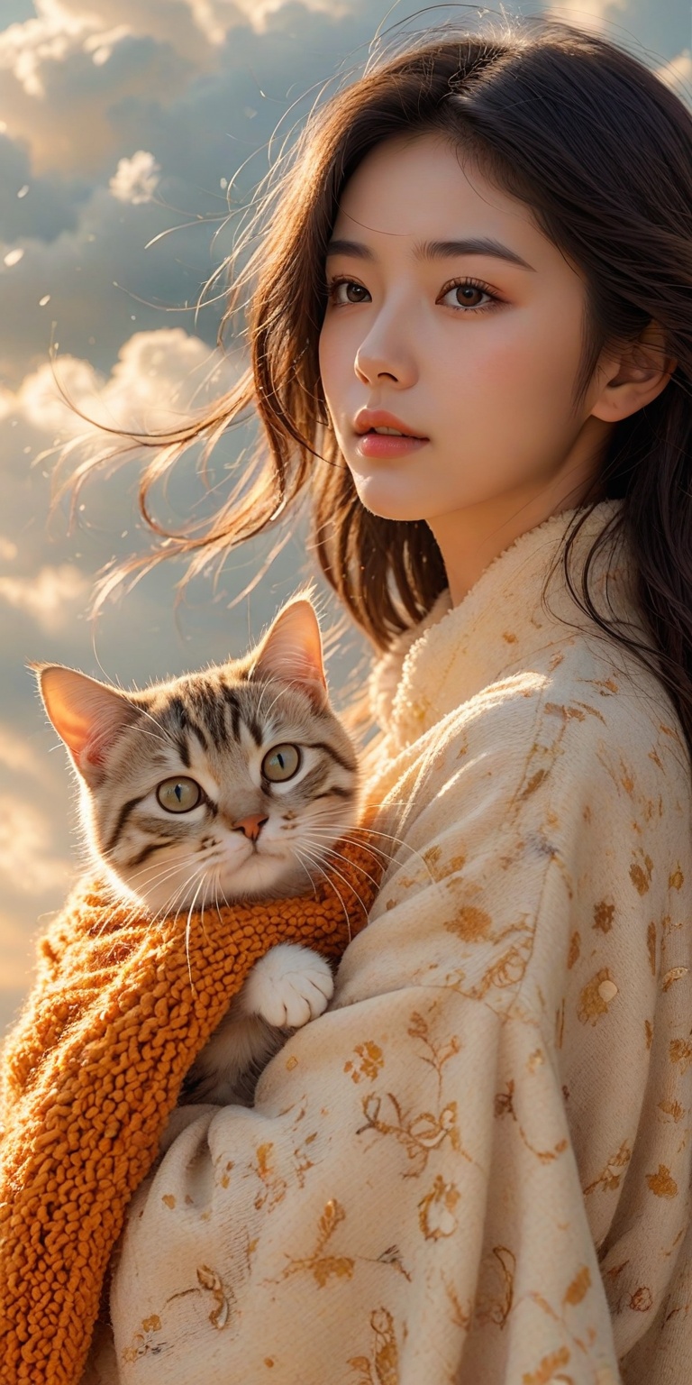 Chinese young woman,holding a cat,long hair,black,micro-roll,background dreamy clouds floating,wearing orange plush texture dress,high quality,soft light effect,