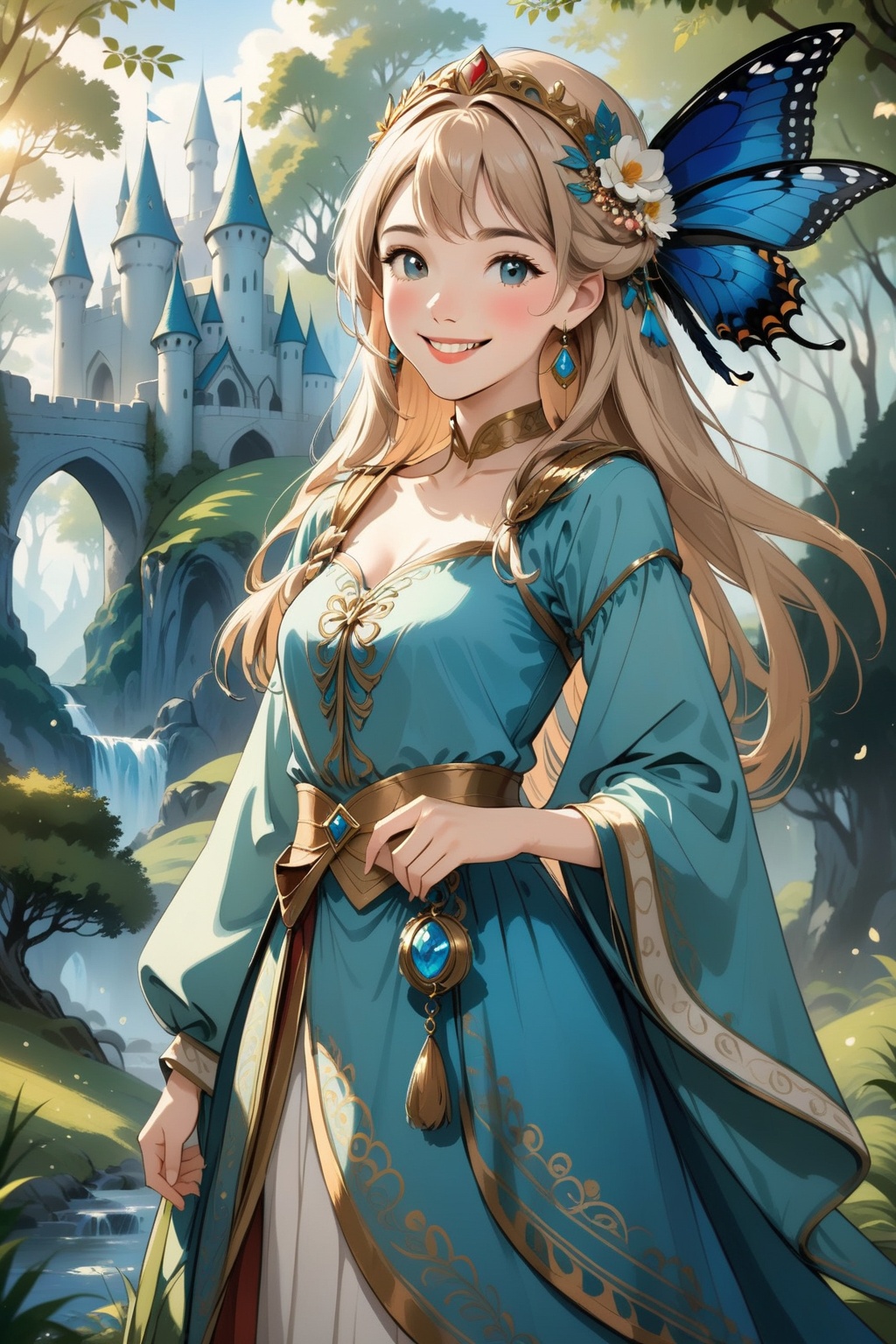 a maiden in a lovely costume,smiling and standing in front of a background full of fantasy elements,