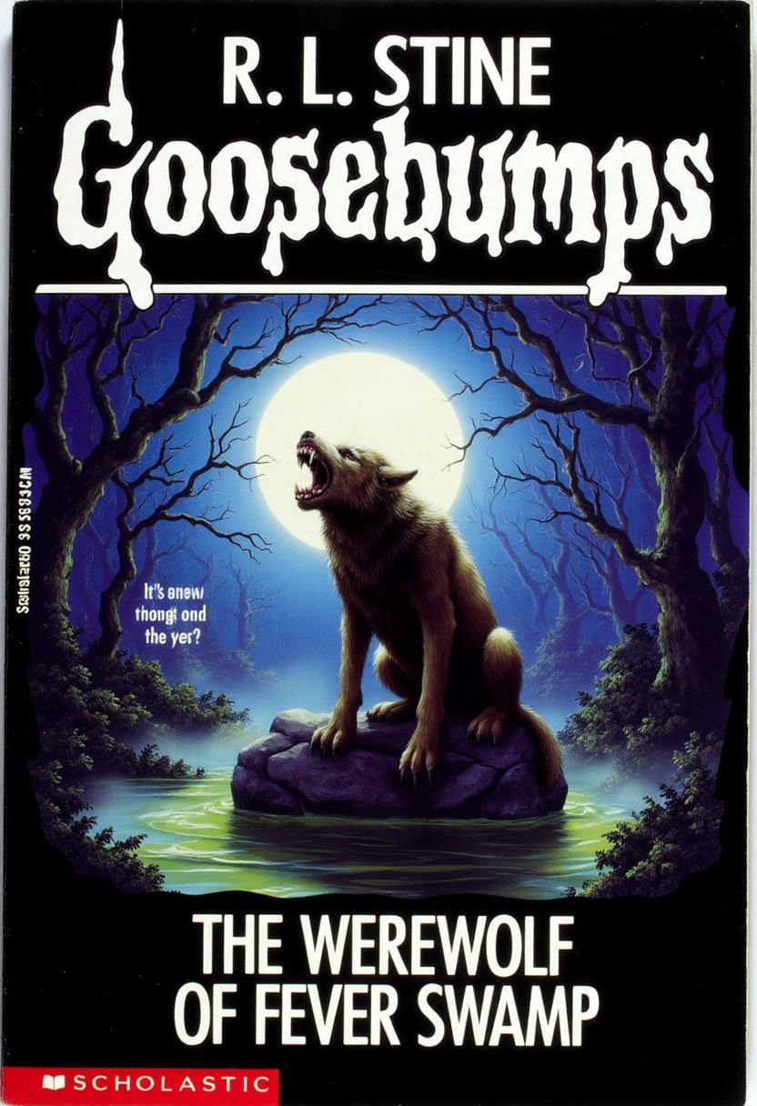 a cover of a vintage horror novel titled "R.L. Stine Goosebumps: The Werewolf of Fever Swamp". featuring a werewolf,  depi...