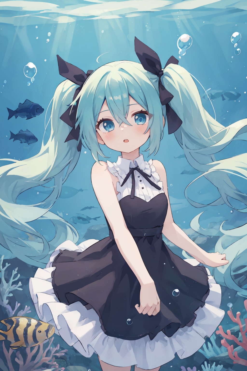 1girl,dress,solo,long hair,hatsune miku,twintails,black dress,blue eyes,blue hair,underwater,bubble,looking at viewer,bangs,sleeveless dress,sleeveless,air bubble,hair between eyes,fish,open mouth,blush,floating hair,ribbon,hair ribbon,bare shoulders,parted lips,very long hair,lu-style,