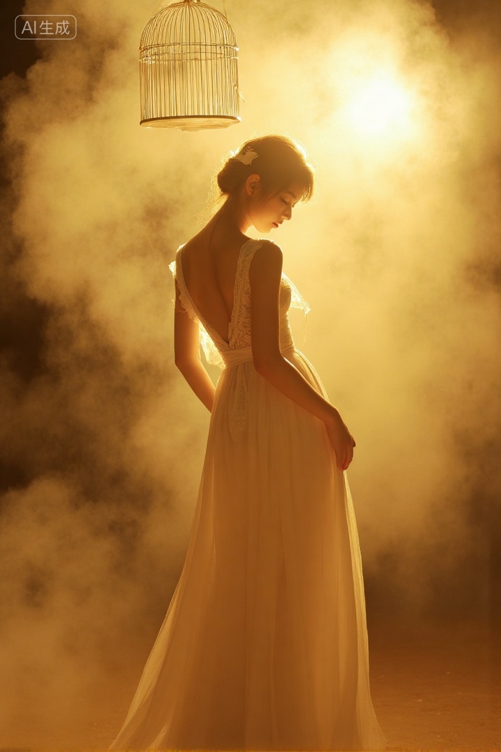 A woman in a white long dress,surrounded by smoke,warm yellow light,mysterious and artistic atmosphere,birdcage in the background,soft and hazy mood,4:5 ratio.,, Negative prompt: ng_deepnegative_v1_75t,(badhandv4:1.2),EasyNegative,(worst quality:2),,nsfw, Steps: 30, Sampler: Euler, CFG scale: 3.5, Seed: 956377061, Size: 720x1080, Model hash: 8cba4f1ef4, Model: F.1基础算法模型-哩布在线可运行_F.1-dev-fp8.safetensors, Denoising strength: 0, RNG: CPU, Lora 1: 20250913-1757780180322-0001, Lora Hash 1: 2c61ab8cf8, Lora Weight 1: 0.8, vae_name: automatic