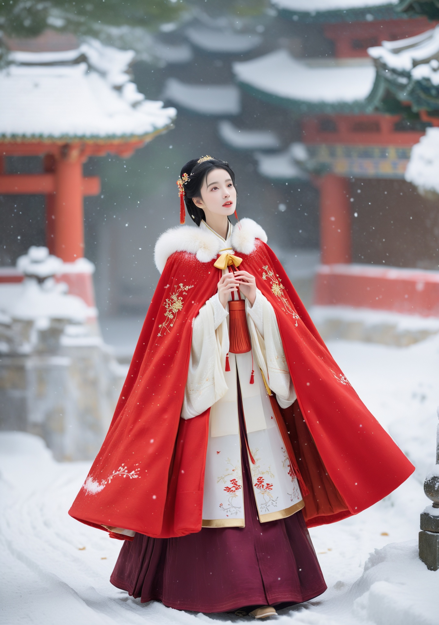 1girl,black hair,Beautiful face, Red cape,full body,Heavy snowfall, wearing Hanfu, on a secluded path, posing in various poses to take photos,outdoors,snow,snowing,solo,winter,Master lens, golden ratio composition, (Canon 200mm f2.8L) shooting, large aperture, background blur.