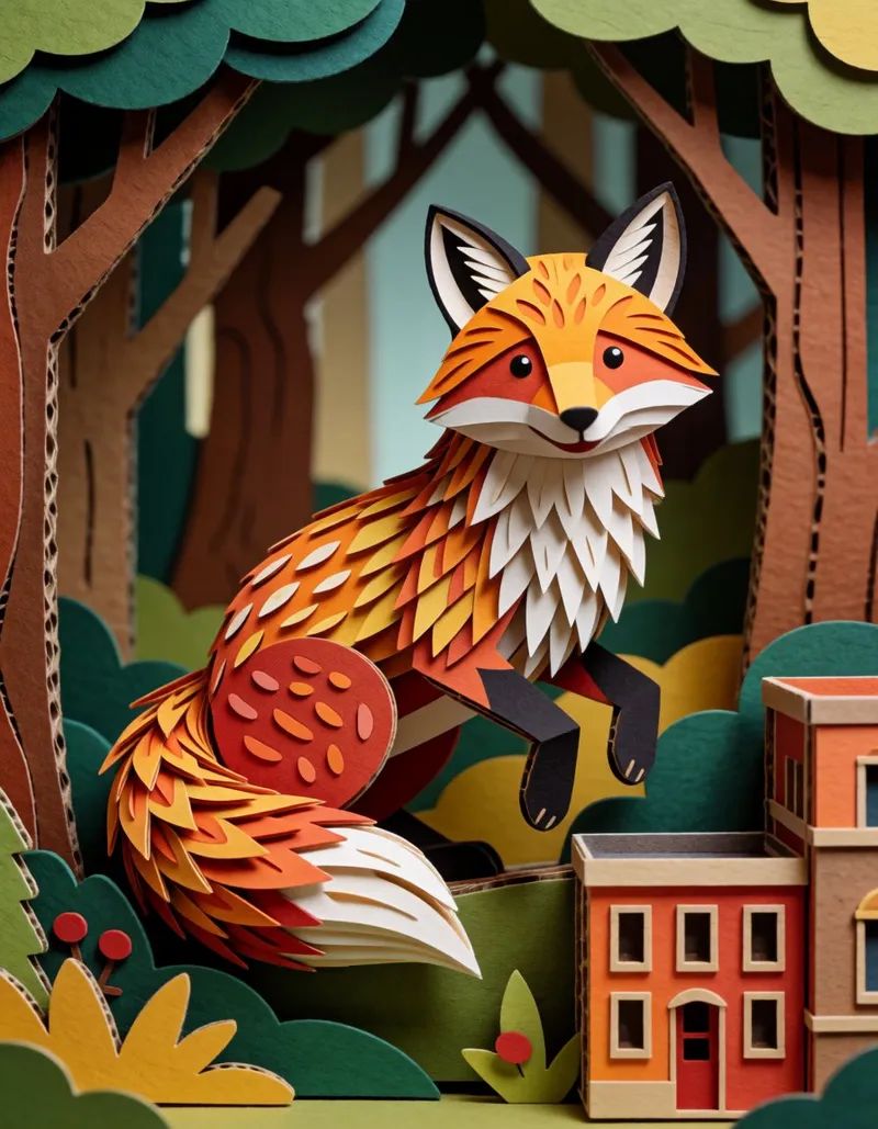 a fox crafted from layered colored paper in a forest diorama,  with richly patterned hide and visually distinctive colorat...