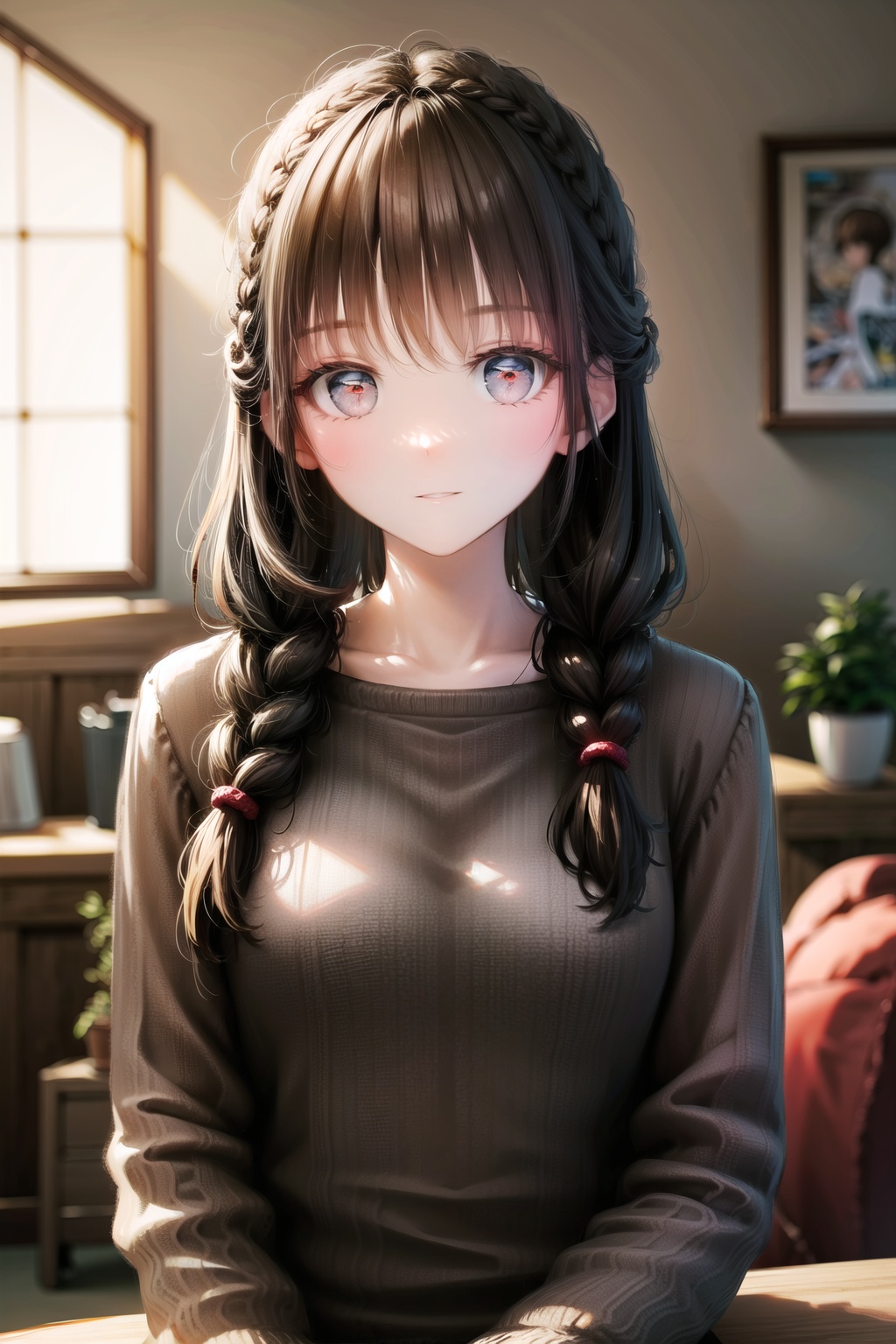 <lora:艺术家_jizell:1>, 8k, best quality, ultra high res, (masterpiece:1.3),  1girl,  single braid long hair, half updo side braid,  blunt bangs, living room with indoor lights, relaxed atmosphere,see-through