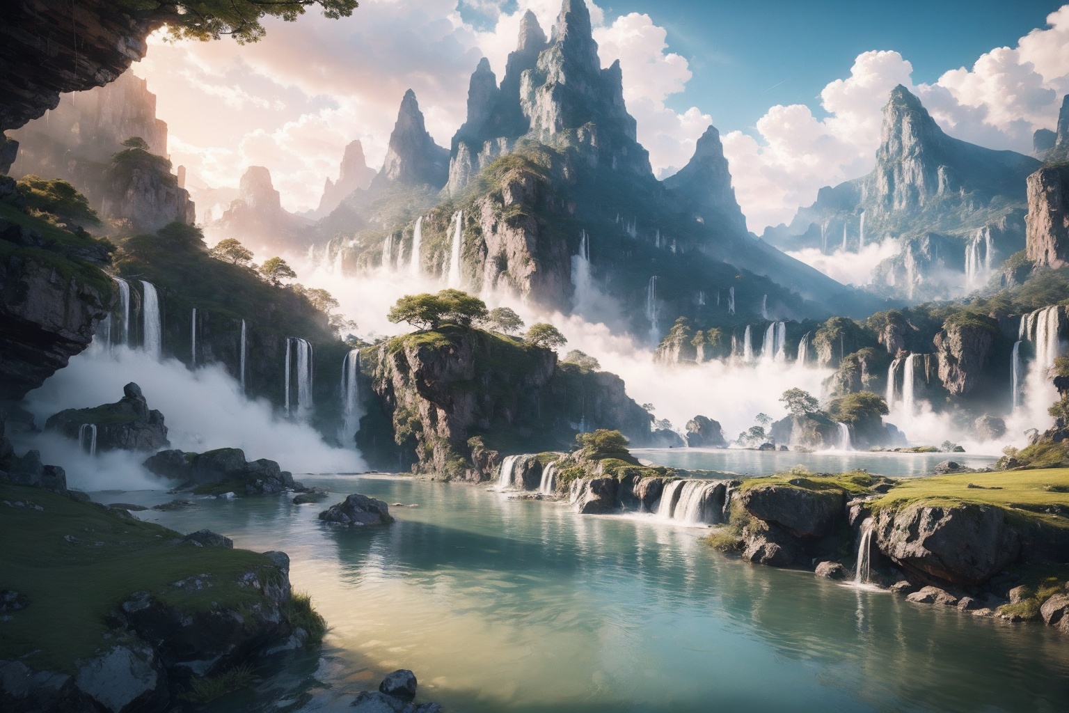 <lora:AgainGuofengStyle:1>,AgainGuofengStyle, scenery, no humans, outdoors, water, cloud, sky, mountain, waterfall, tree, rock, cliff, river, fog, nature, cloudy sky, landscape, day, sunlight