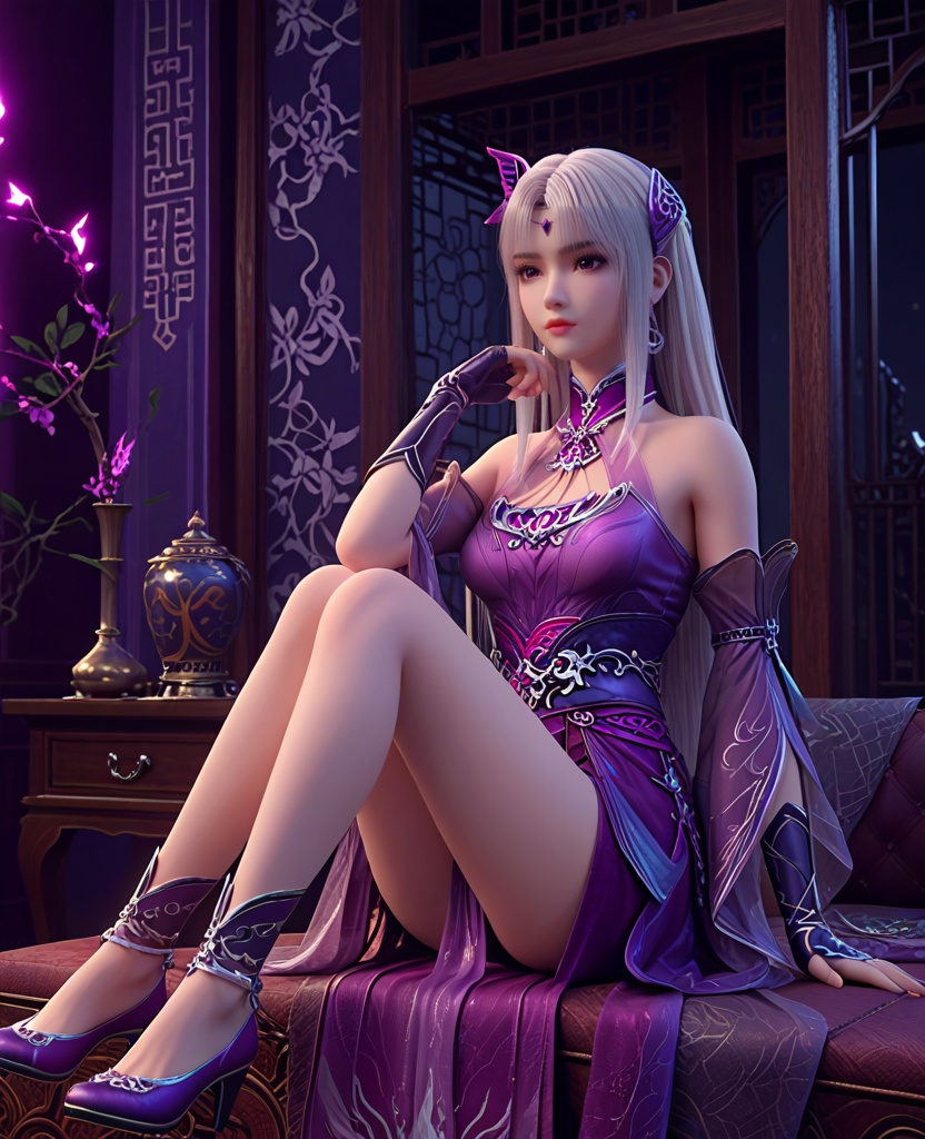 (oriental architecture, elegant decor, sophisticated style:1.1),(sitting with her back arched:1.1),(breasts:1.2),<lora:XL斗破苍穹小医仙P:0.85>,elder sister,purple dress,white hair,bangs,hair ornament,bare shoulders,brown eyes,purple veil,jewelry,fingerless gloves,blue footwear,sash,cracked skin,purple eyes,, score_9,score_8_up,score_7_up,score_6_up,score_5_up,score_4_up,3d rendering,tag1,tag2, Cinematic Lighting,backlighting,