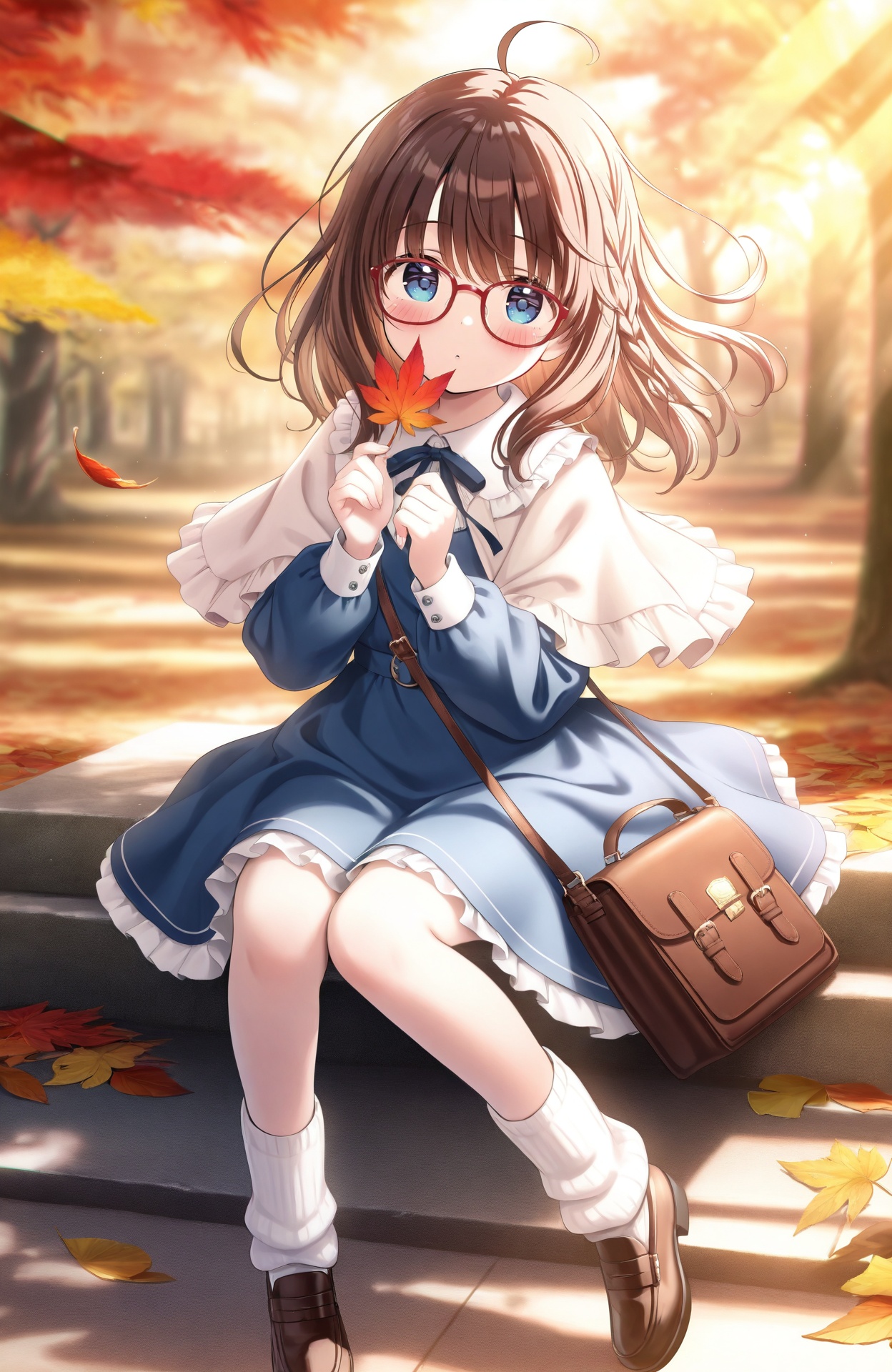 masterpiece,absurdres,best quality,loli,petite,high quality,chromatic_aberration,//,1girl,glasses,solo,brown hair,autumn leaves,socks,loose socks,dress,leaf,sitting,holding,holding leaf,capelet,brown footwear,blue eyes,white socks,bag,ahoge,autumn,shoes,long sleeves,full body,bangs,outdoors,looking at viewer,blue dress,braid,maple leaf,frills,blush,red-framed eyewear,medium hair//,official art,depth of field,detailed light,blurry background,cinematic lighting,ray tracing,ultra detailed,god rays,backlighting,film grain,chromatic aberration,volumetric lighting,blurry background,shiny skin,floating hair,cinematic lighting,day,very aesthetic,pantyhose,