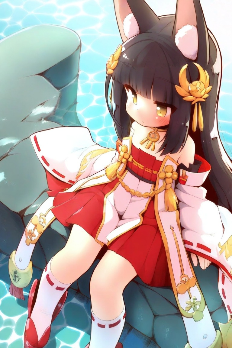 lazypos,masterpiece,best quality,caustics,<lora:kareyaV1:1.2>,kareya style,1girl,nagato \(azur lane\),long_hair,petite,animal_ears,fox_ears,kneehighs,hair_ornament,black_hair,bangs,white_socks,wide_sleeves,strapless_dress,detached_sleeves,sidelocks,yellow_eyes,red_dress,blunt_bangs,bare_shoulders,necklace,jewelry,japanese_clothes,long_sleeves,red_footwear,loli,