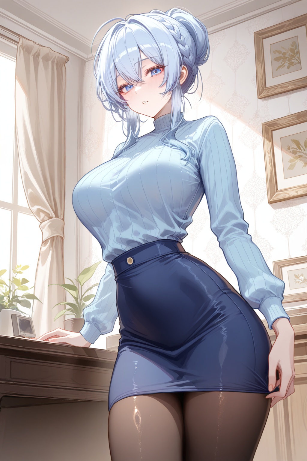 best quality,amazing quality,very aesthetic,absurdres,best quality,amazing quality,very aesthetic,absurdres,{{{{shiny skin}}}},{{{{oiled}}}},detail eyes,wallpaper,artist:aibek,artist:gwan-e,artist:kein_v,artist:liaowen,artist:sea_nami,artist:tansuan_(ensj3875),artist:ask_(askzy),artist:ciloranko,year 2023 BREAKcurvy,(narrow waist:1.1),<lora:Mifuyu Yukino:0.8>, -Mifuyu Yukino, 1girl, skirt, solo, pantyhose, shirt, curtains, braid, blue hair, looking at viewer, pencil skirt, blue skirt, bangs, long sleeves, hair bun, blue shirt, indoors