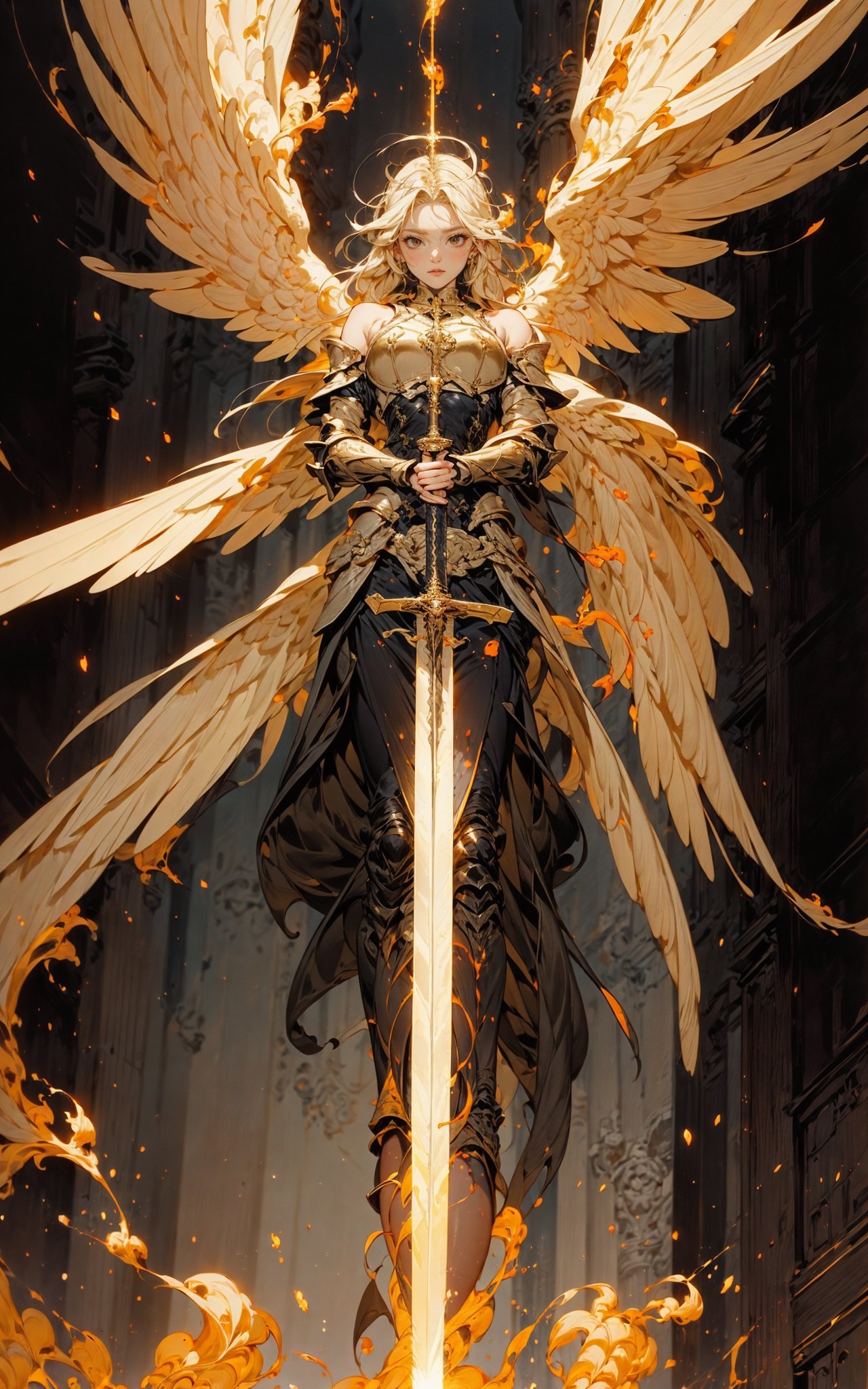 angel,  Super powerful flame angel flies out of the clouds,  behind him is golden meteor magic surrounding his body on Ten...
