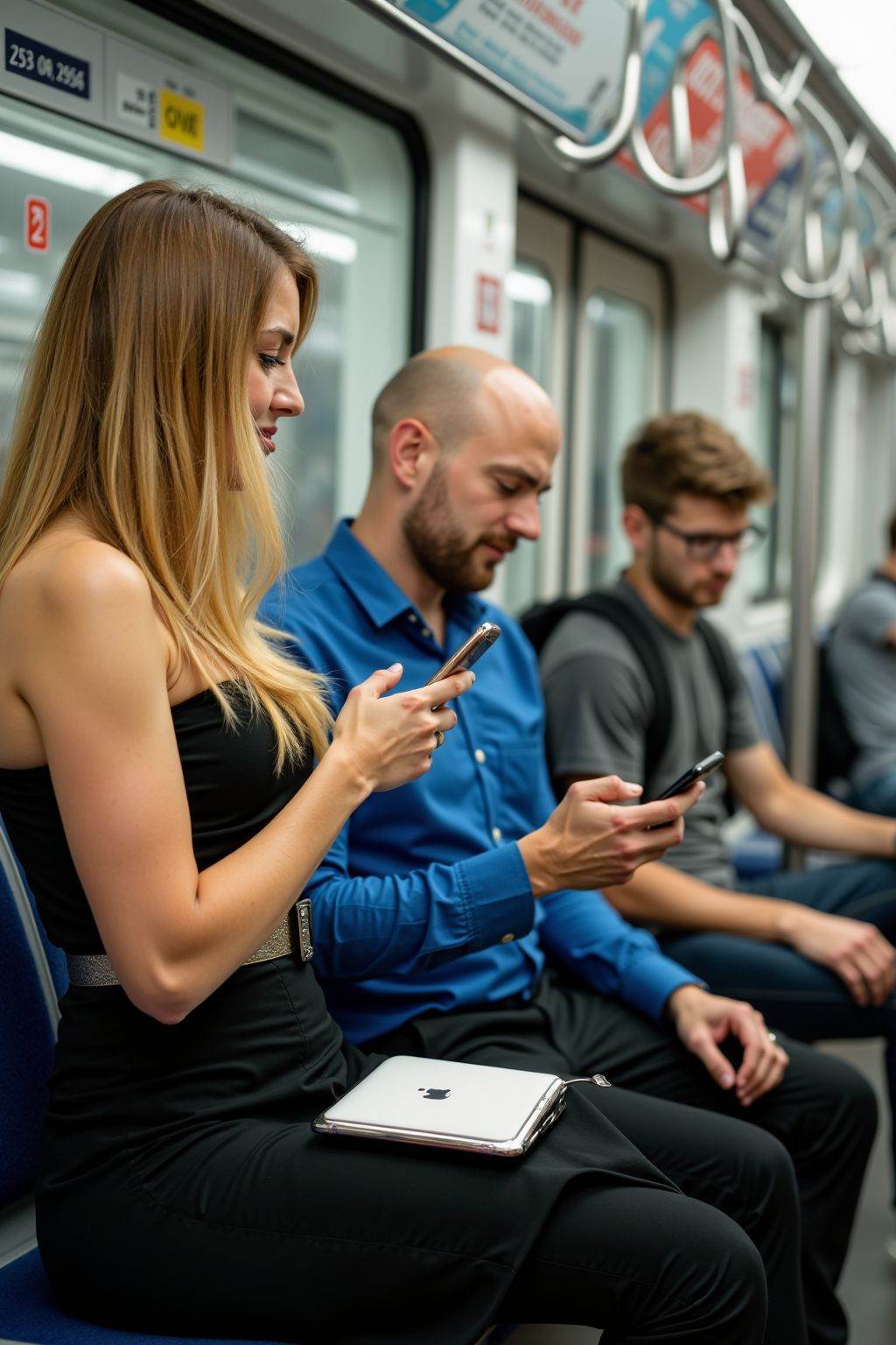A photograph captures three young adults on a subway train. The woman with long blonde hair and fair skin, wears a strapless black dress with a belt, holding a smartphone. Beside her, a bald man in a blue shirt and black pants looks at his phone, while a glasses-wearing man in a gray shirt and black backpack sits behind them. The train's interior is modern, with metallic handrails and digital advertisements.
