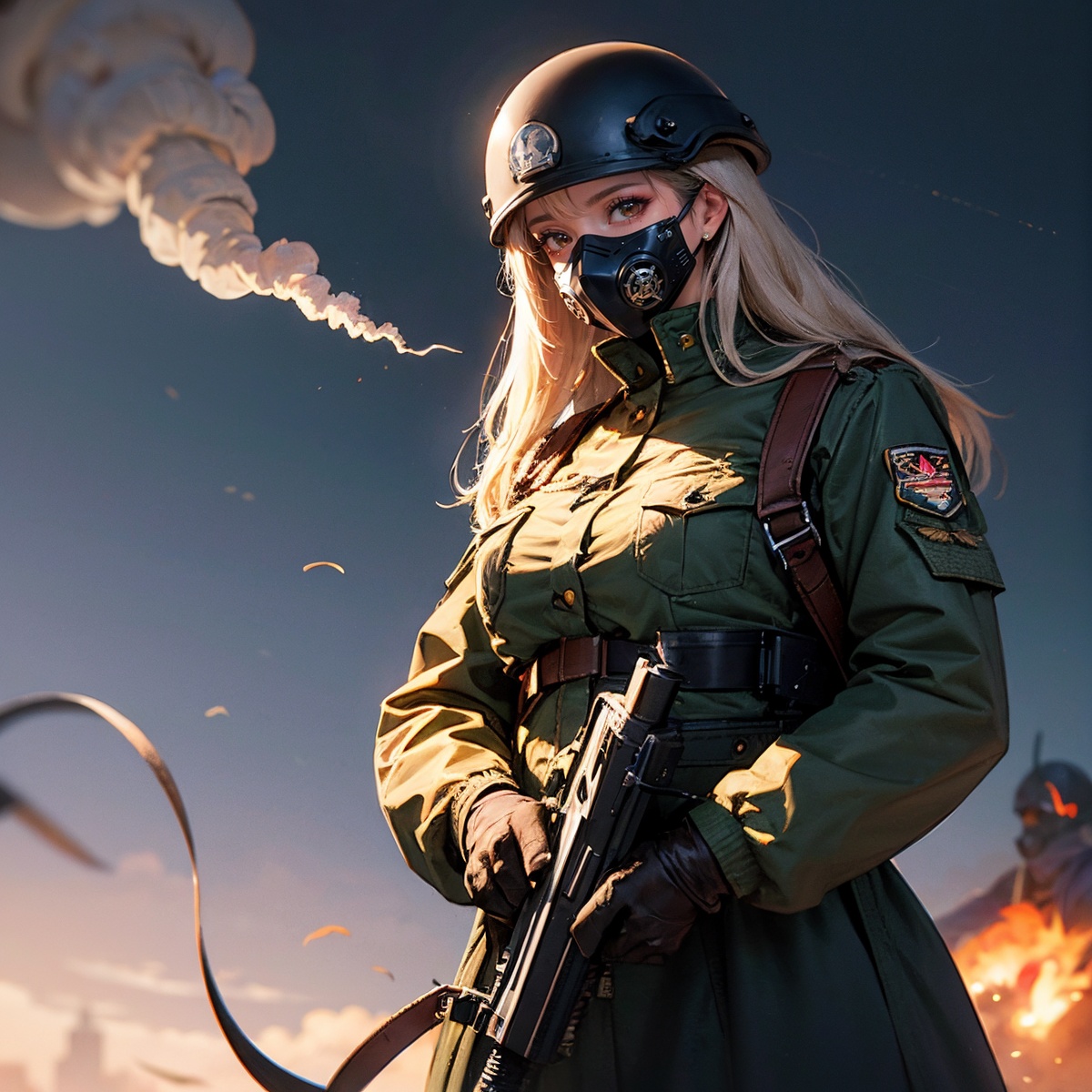 masterpiece,best quality (Darkgiants:1.2),1huge monster,Darkgiants,1girl,gas_mask,gun,hat,helmet,holding,holding_weapon,long_hair,mask,military,military_uniform,multiple_boys,realistic,science_fiction,uniform,weapon,red|blue smoke,white dress,