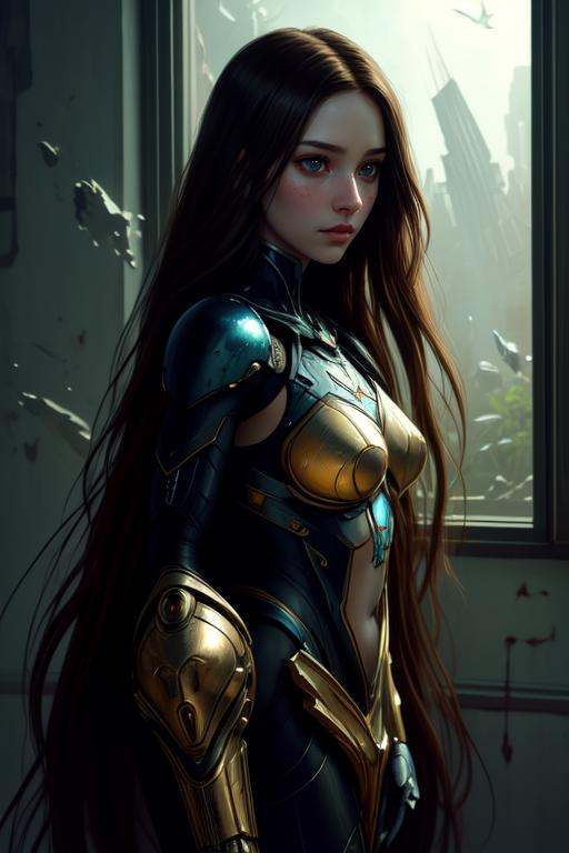 In Casey Baugh's evocative style,  art of a beautiful young girl cyborg with long brown hair,  futuristic on Tensor.Art