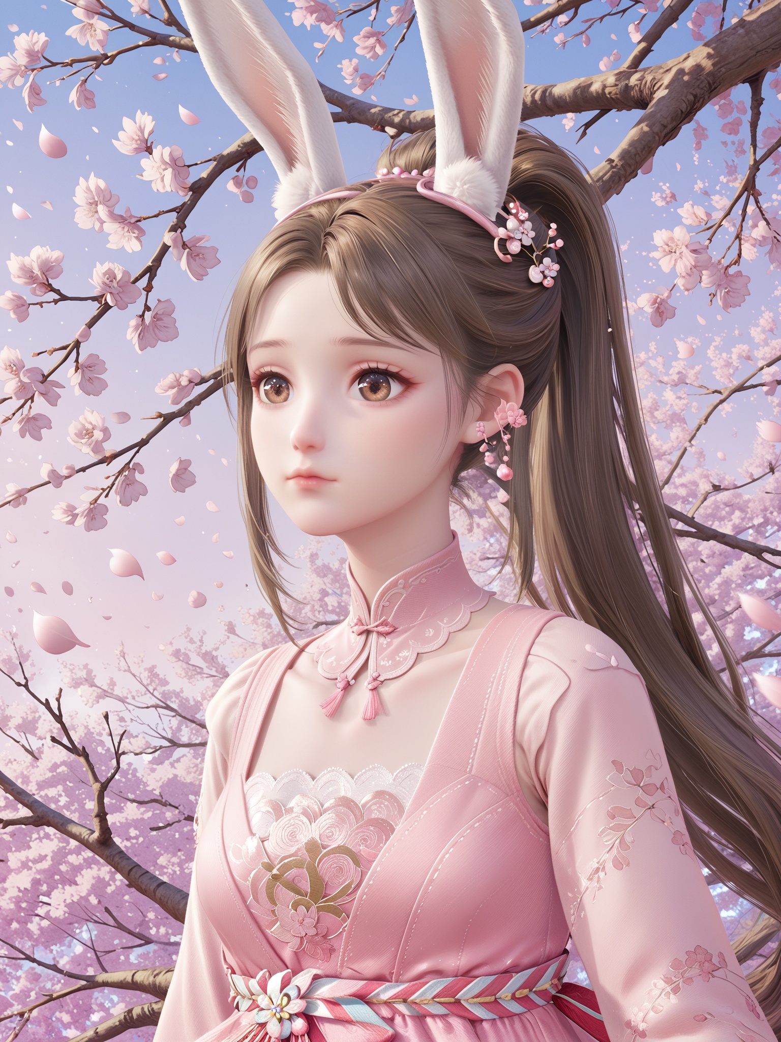 score_10,score_9,score_8_up,score_7_up,1girl,animal ears,rabbit ears,ponytail,solo,brown hair,dress,petals,pink dress,falling petals,upper body,hair ornament,long hair,cherry blossoms,branch,closed mouth,