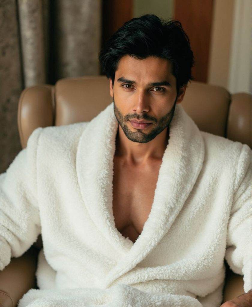Rohit Khandelwal ,  high-resolutiuon photograph,  wearing fitted fluffy white bathrobe. He is sitting on a chair in the sp...