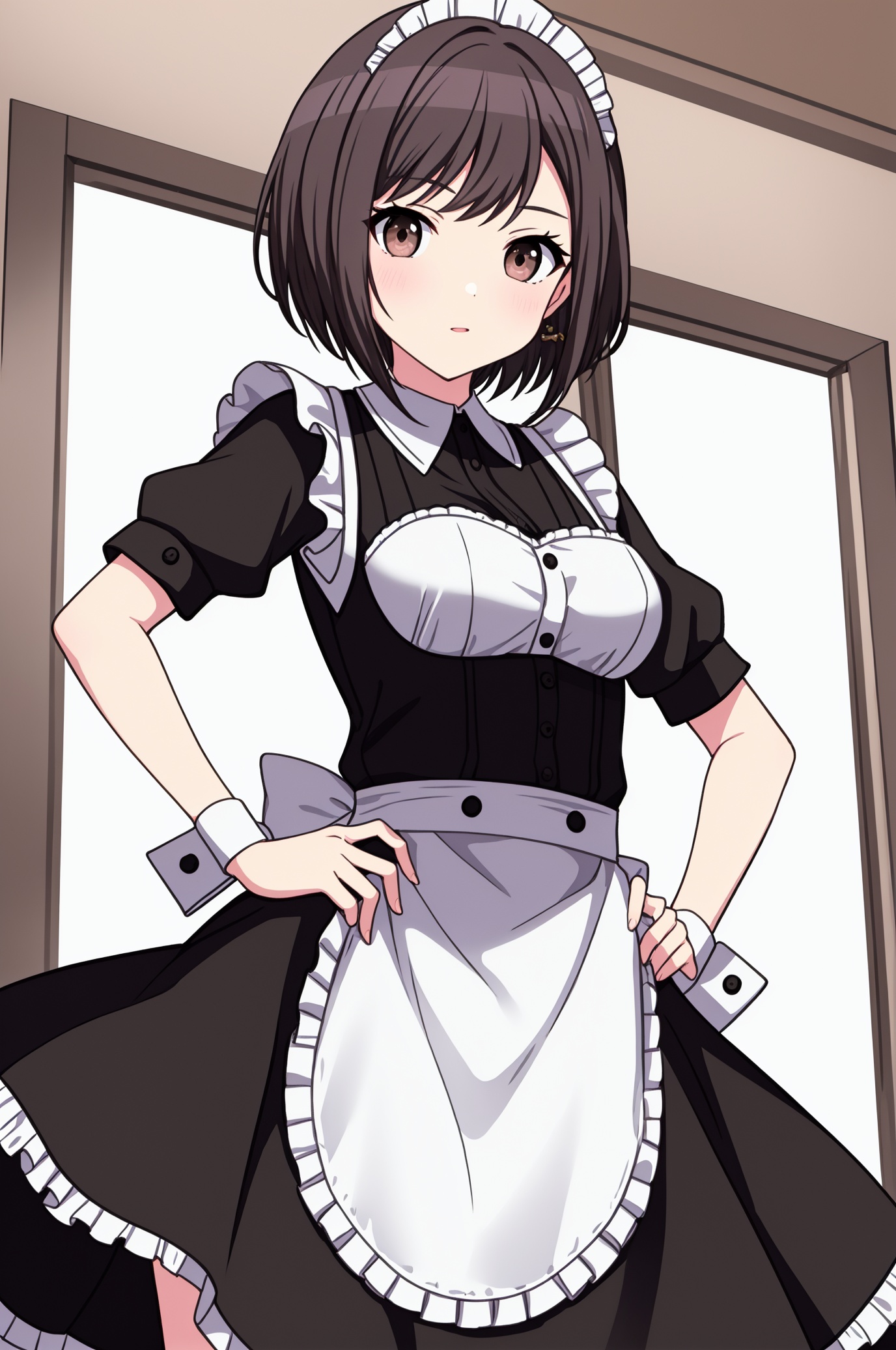 short hair,medium breasts,<lora:DYHM11:0.35>,brown eyes,hand on hip,wa maid,
