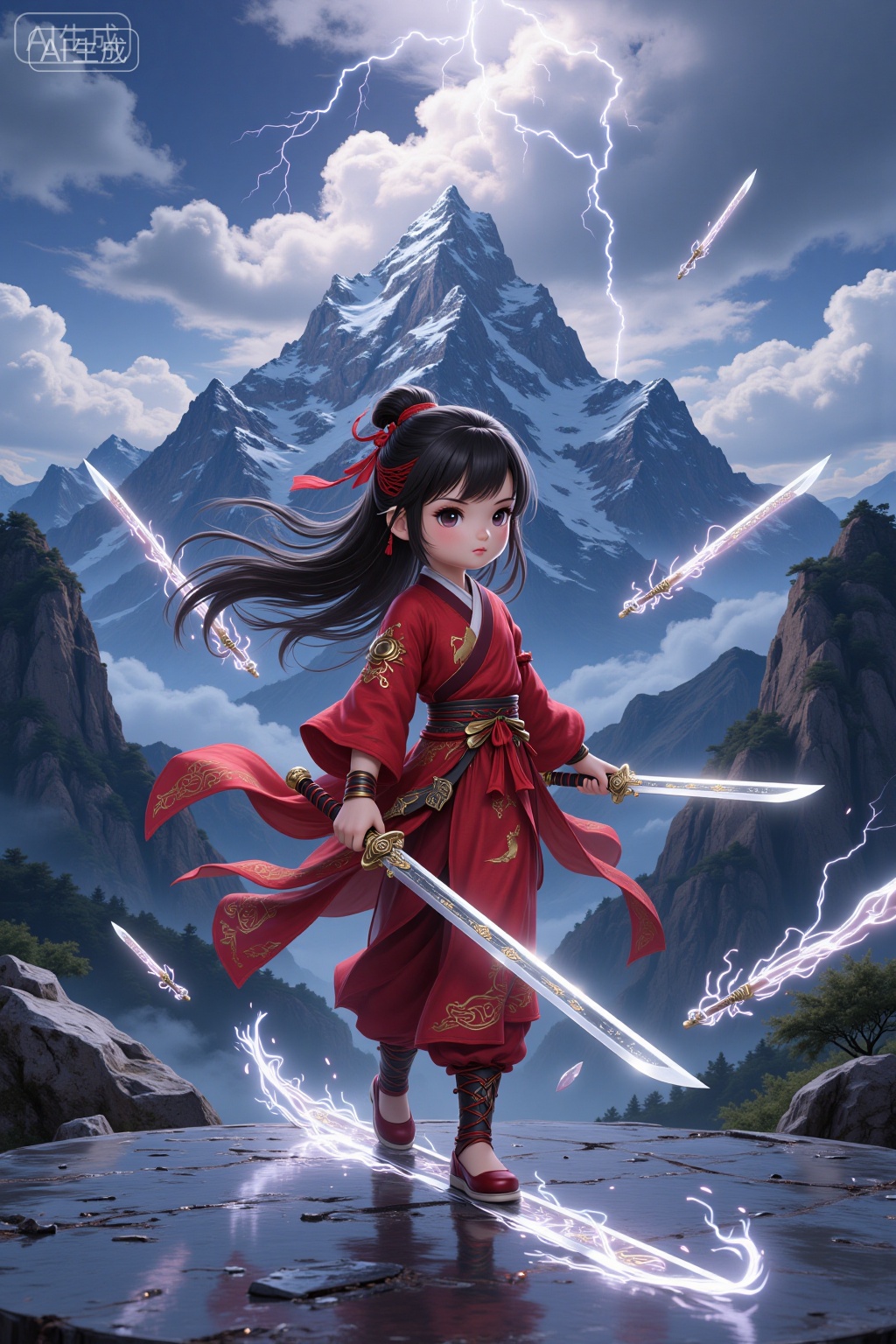 Anime-style digital illustration of a young girl with long black hair,wearing a red outfit with gold accents,holding a katana,surrounded by glowing swords,set against a dramatic mountainous landscape with a cloudy sky and lightning. The girl has a determined expression and is poised on a reflective surface.,, Negative prompt: ng_deepnegative_v1_75t,(badhandv4:1.2),(worst quality:2),badhandv4,,nsfw, Steps: 20, Sampler: DPM++ 2M, CFG scale: 3.5, Seed: 1227671447, Size: 1024x1536, Model hash: 8cba4f1ef4, Model: F.1基础算法模型-哩布在线可运行_F.1-dev-fp8.safetensors, Denoising strength: 0, RNG: CPU, Lora 1: 20250906-1757172058930-0005, Lora Hash 1: 441438c536, Lora Weight 1: 0.8, vae_name: automatic