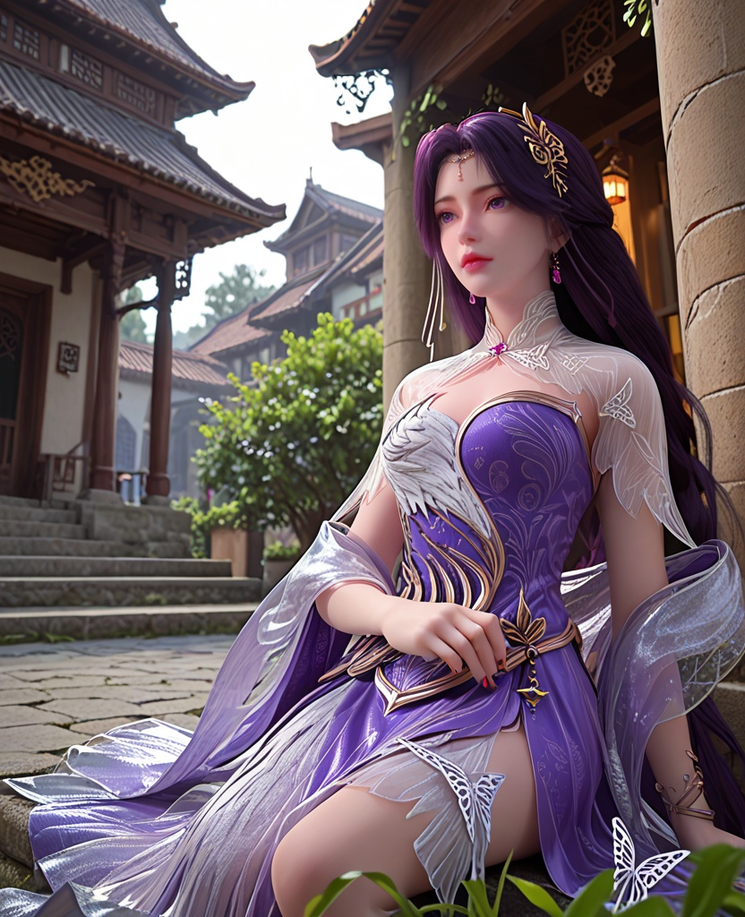 (oriental architecture, elegant decor, sophisticated style:1.1),Kneeling with one knee raised, looking upwards,,(breasts:1.2),<lora:XL完美世界云曦成女>,miss yunxi,solo,purple dress of side slit,see-through bolero,white feather trim,hagoromo,see-through petticoat,purple eyes,purple hair,long hair,braided ponytail,hair ornament,bracelet,earrings,jewelry,, zPDXL2, score_9, score_8_up, score_7_up BREAK realistic, masterpiece,best quality, highly detailed,, zPDXL3, zPDXL2,zPDXL, zPDXLxxx, zPDXLrl,