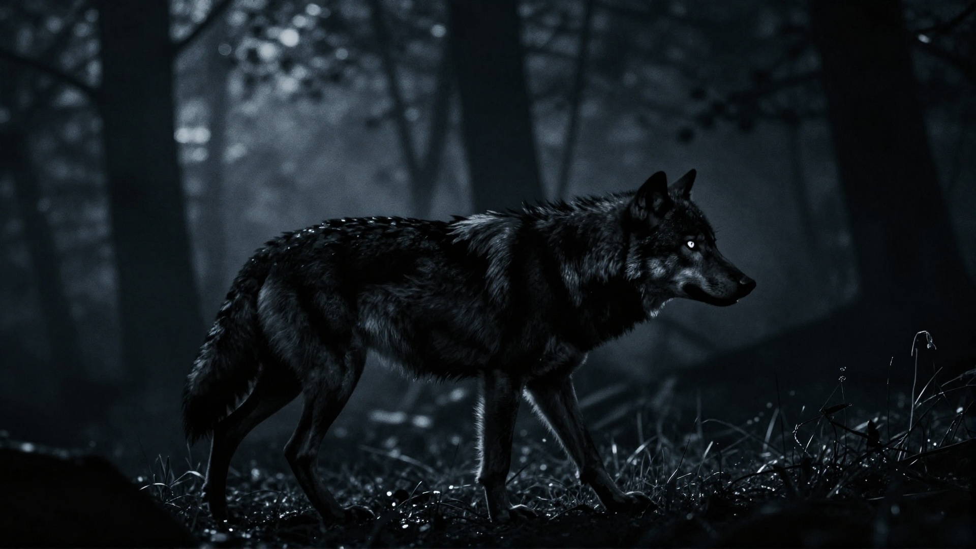 cinematic film still of silhouetted dark cinematic film image of a wolf walking through a forest at night,  perfect image,...