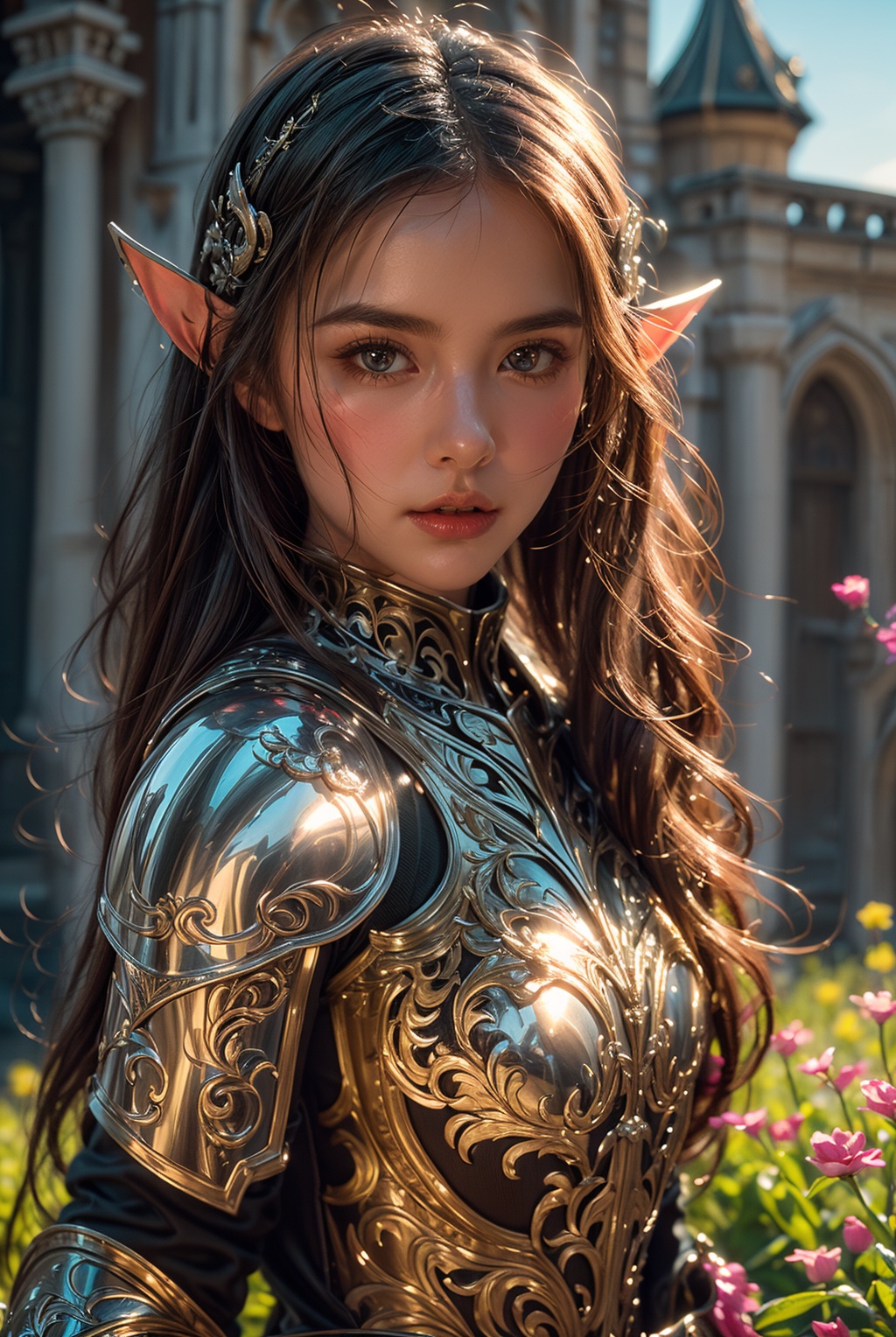 best quality,4k,elf knight01,1girl,black hair,brown eyes,ornate armor,Medieval architecture,flower sea,<lora:add_detail:1>,<lora:knight01-000007:0.7>,(close-up:1.3),(front view:1.3),