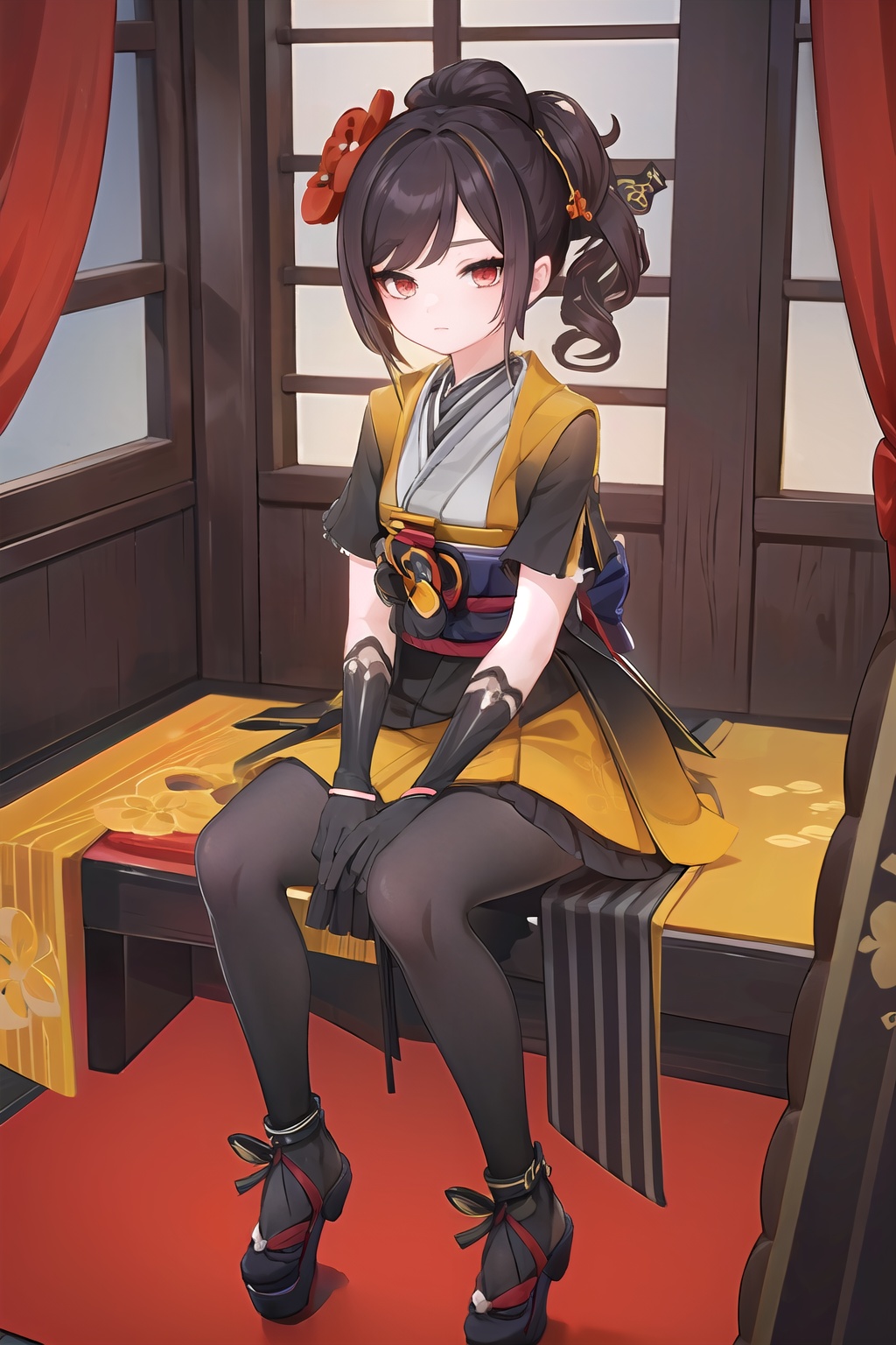 insanely detailed,absurdres,ultra-highres,ultra-detailed,best quality,slender,kawaii,perfect symmetrical face,ultra cute girl,ultra cute face,ultra detailed eyes,ultra detailed hair,ultra cute,ultra beautifu,Chiori,solo,1girl,red eyes,short sleeves,neck ribbon,overlapping collar,japanese clothes,kimono skirt,black gloves,elbow gloves,black pantyhose,black footwear,sitting on object,indoor,<lora:qianzhi_2-000005:0.9>,