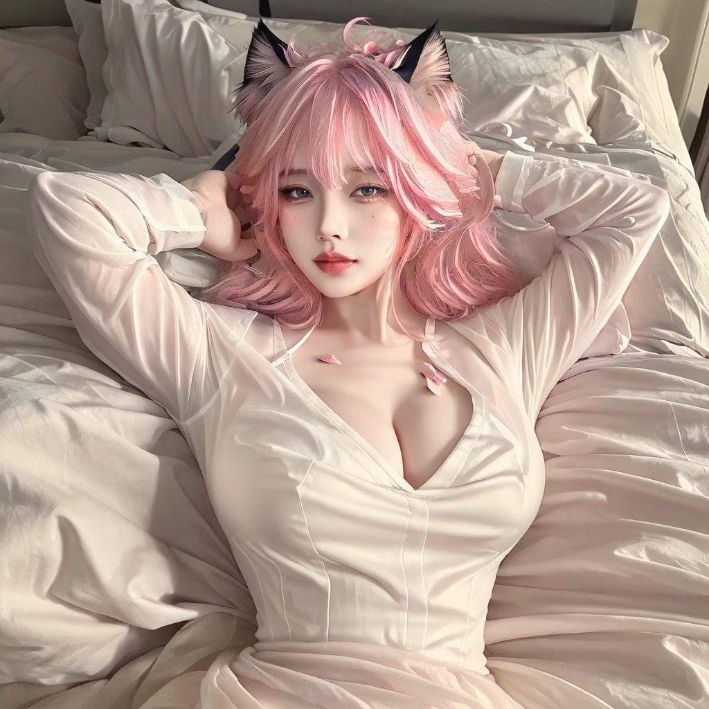1girl,solo,fair_skin,pink hair,breasts,cleavage,animal ears,cat ears,white shirt,bed,petals,arm_behind_head,<lora:御姐:0.8>,