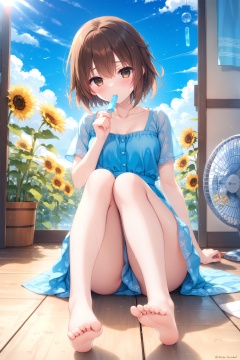 (masterpiece),(best quality),illustration,ultra detailed,hdr,Depth of field,(colorful),1girl,solo,barefoot,brown hair,summer,cloud,brown eyes,sitting,dress,food,mouth hold,day,sky,soles,short hair,wind chime,short sleeves,electric fan,feet,blue dress,hair between eyes,bangs,blush,flower,blue sky,indoors,popsicle,toes,twitter username,on floor,looking at viewer,collarbone,sweat,sunflower,cloudy sky,towel,